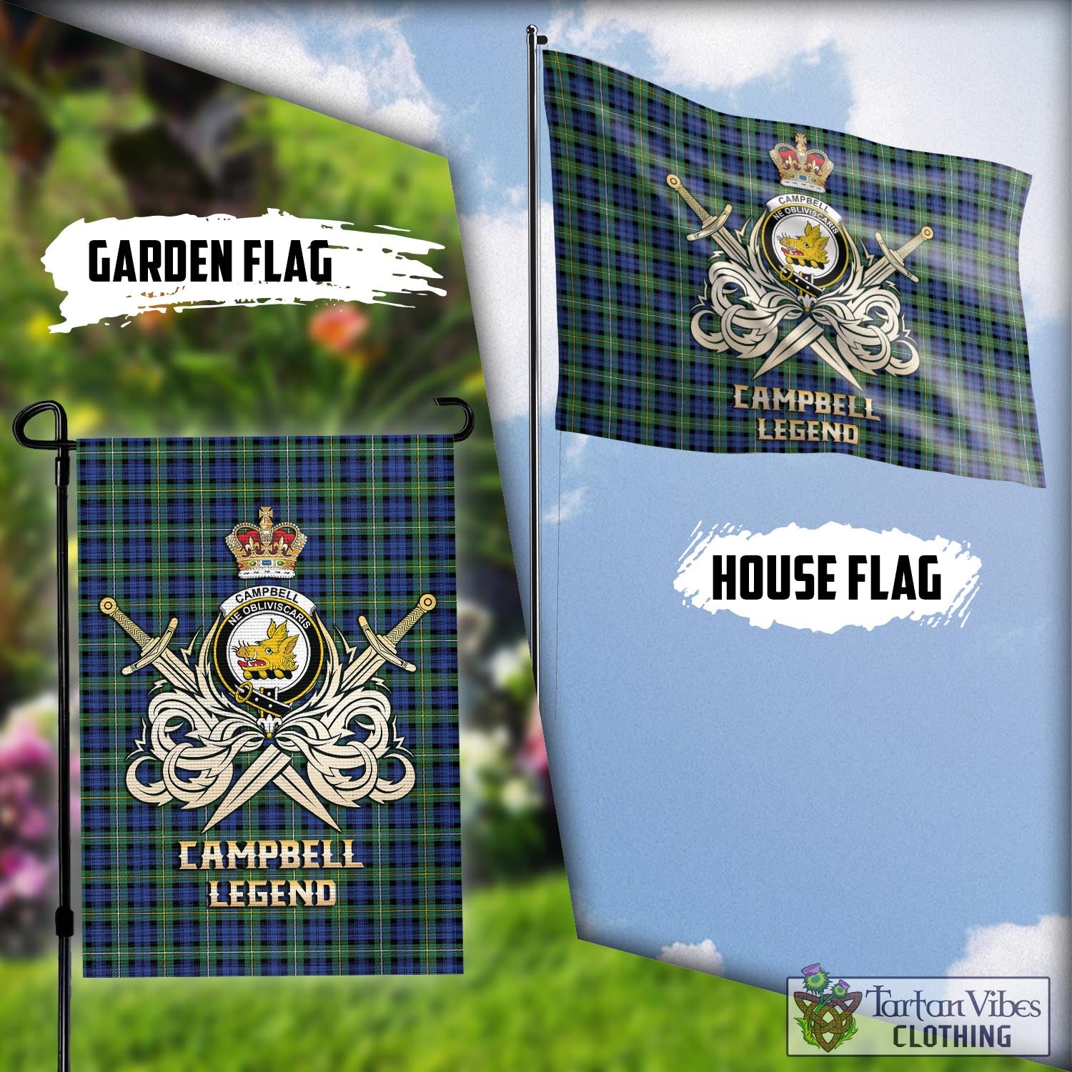 Tartan Vibes Clothing Campbell Argyll Ancient Tartan Flag with Clan Crest and the Golden Sword of Courageous Legacy