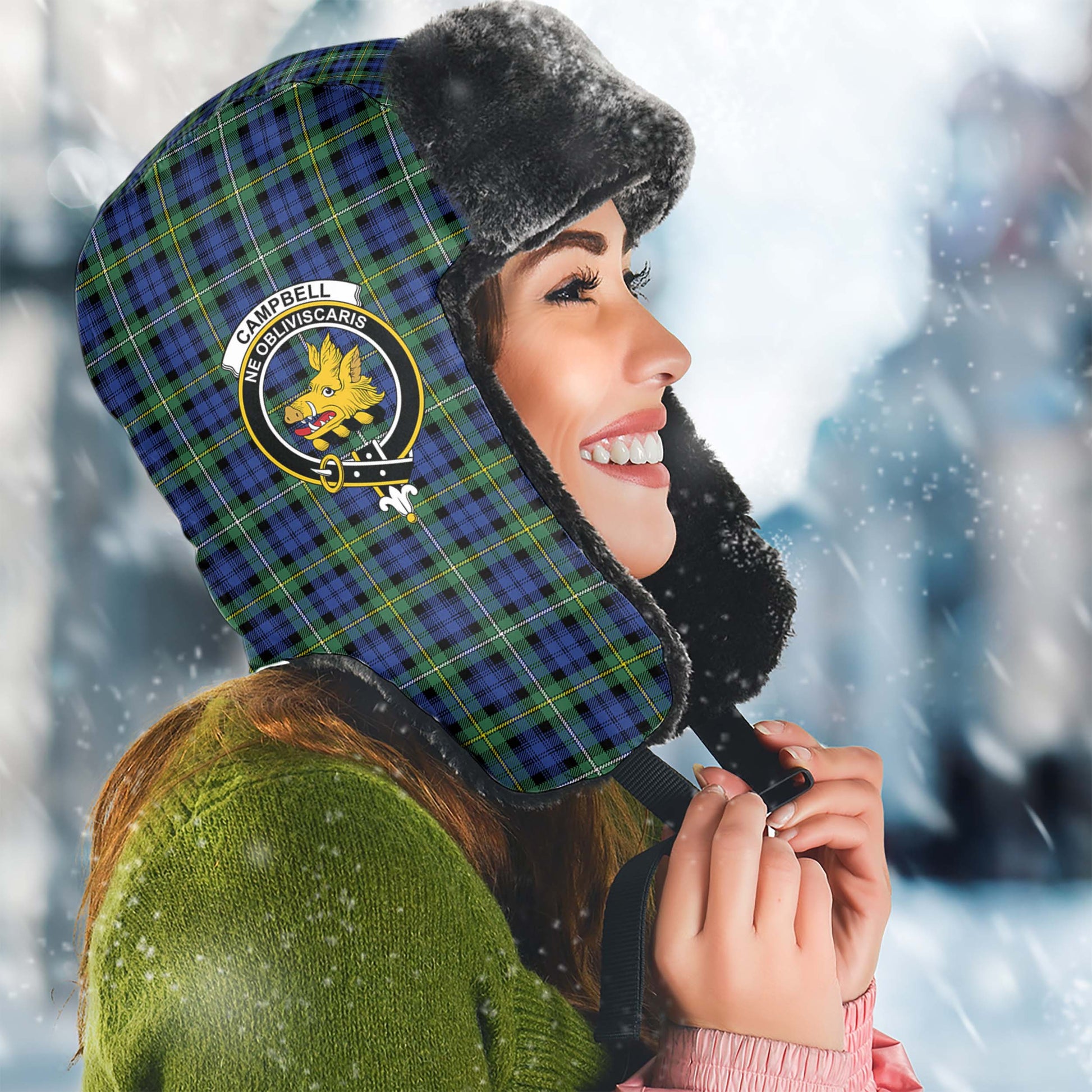 Campbell Argyll Ancient Tartan Winter Trapper Hat with Family Crest Winter Trapper Hat Universal Fit Circumference 22.8in (58cm) - Tartanvibesclothing
