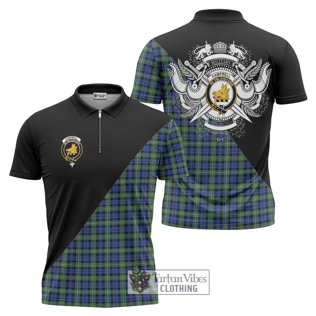 Campbell Argyll Ancient Tartan Zipper Polo Shirt with Family Crest and Military Logo Style Unisex - Tartanvibesclothing Shop