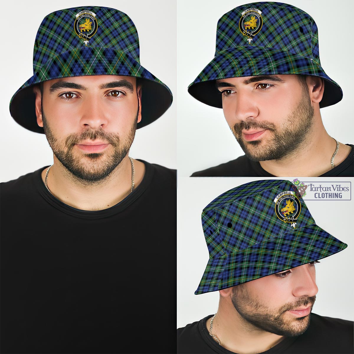 Tartan Vibes Clothing Campbell Argyll Ancient Tartan Bucket Hat with Family Crest