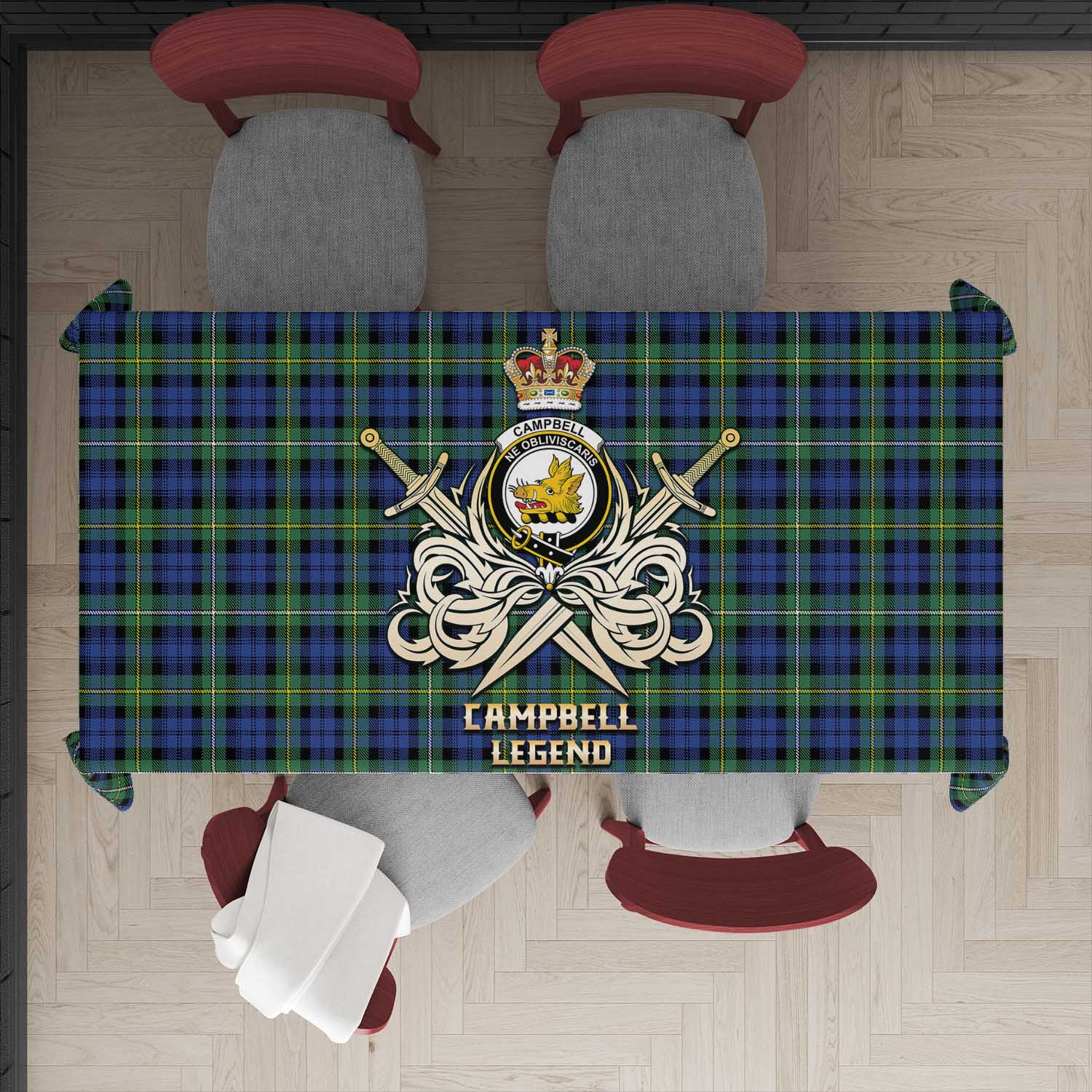 Tartan Vibes Clothing Campbell Argyll Ancient Tartan Tablecloth with Clan Crest and the Golden Sword of Courageous Legacy