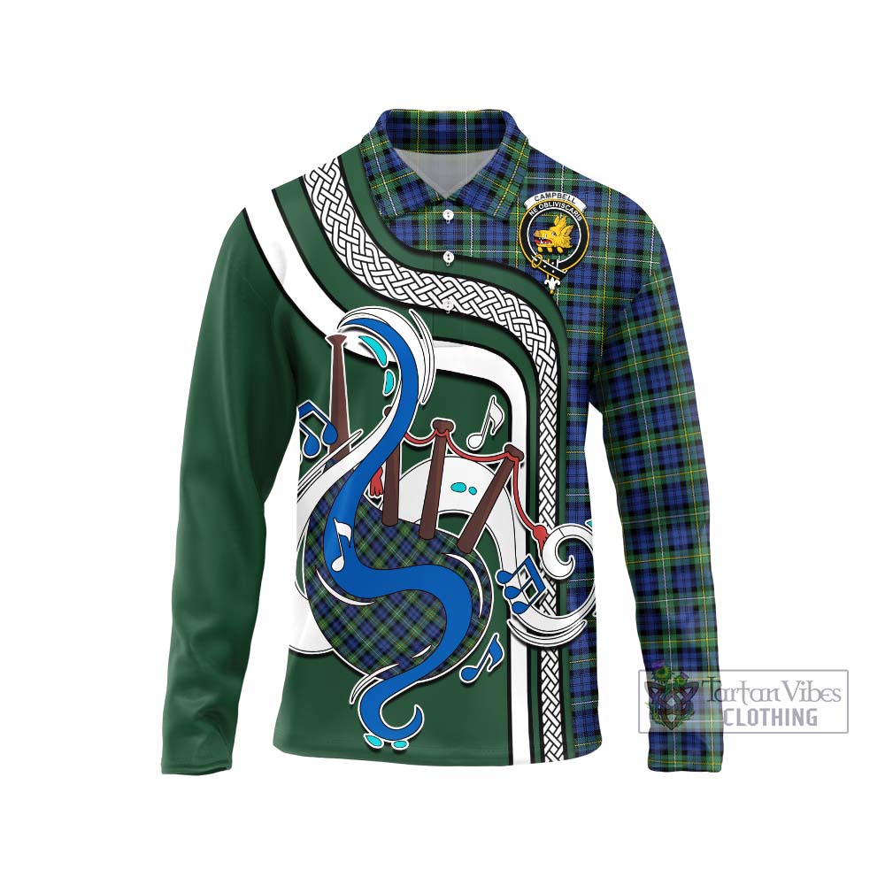 Tartan Vibes Clothing Campbell Argyll Ancient Tartan Long Sleeve Polo Shirt with Epic Bagpipe Style