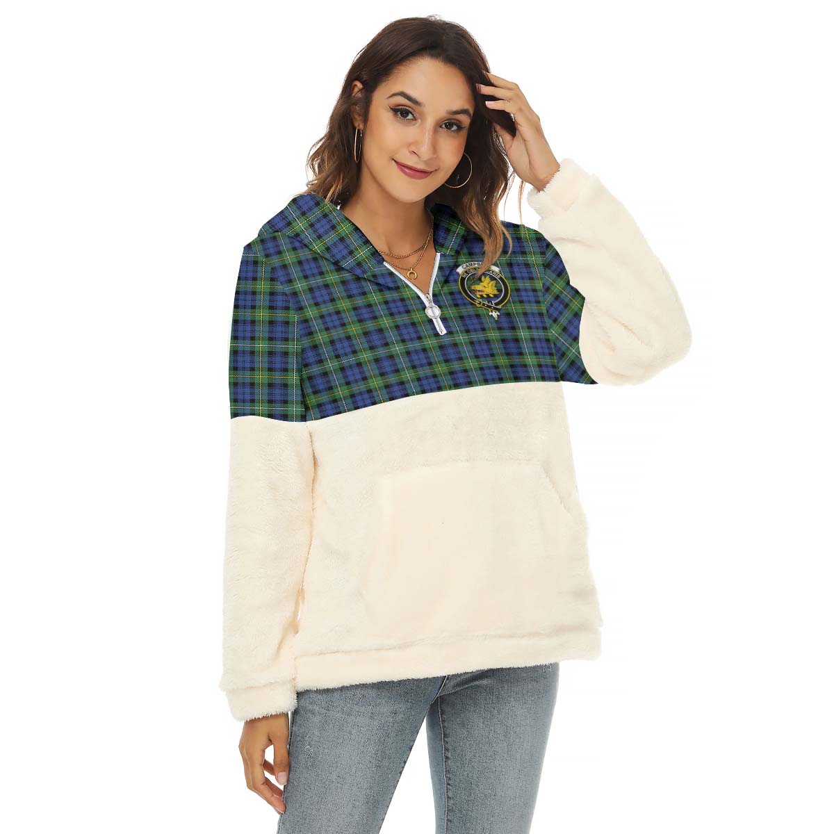 Campbell Argyll Ancient Tartan Women's Borg Fleece Hoodie With Half Zip with Family Crest Female - Tartanvibesclothing