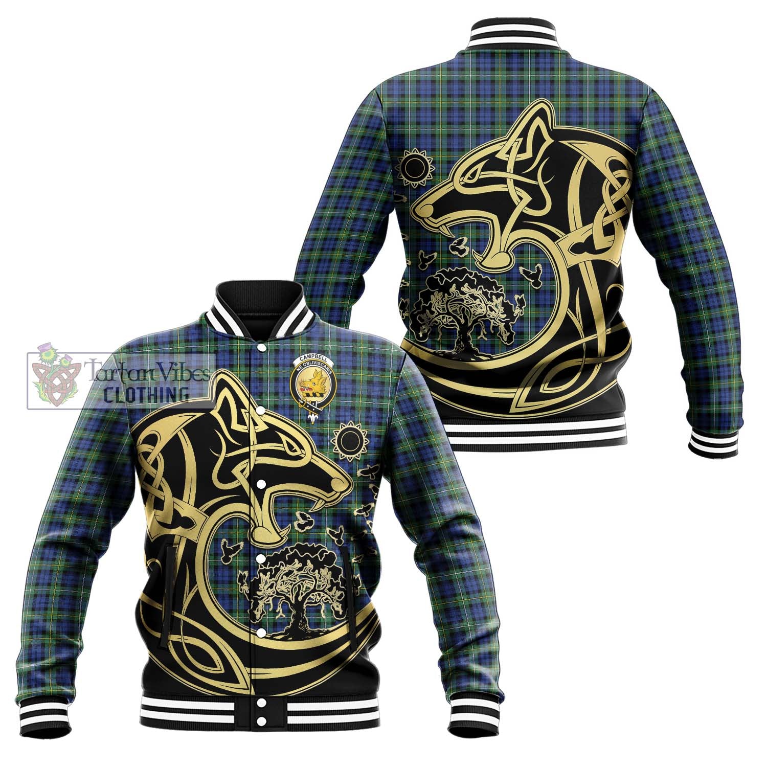 Tartan Vibes Clothing Campbell Argyll Ancient Tartan Baseball Jacket with Family Crest Celtic Wolf Style