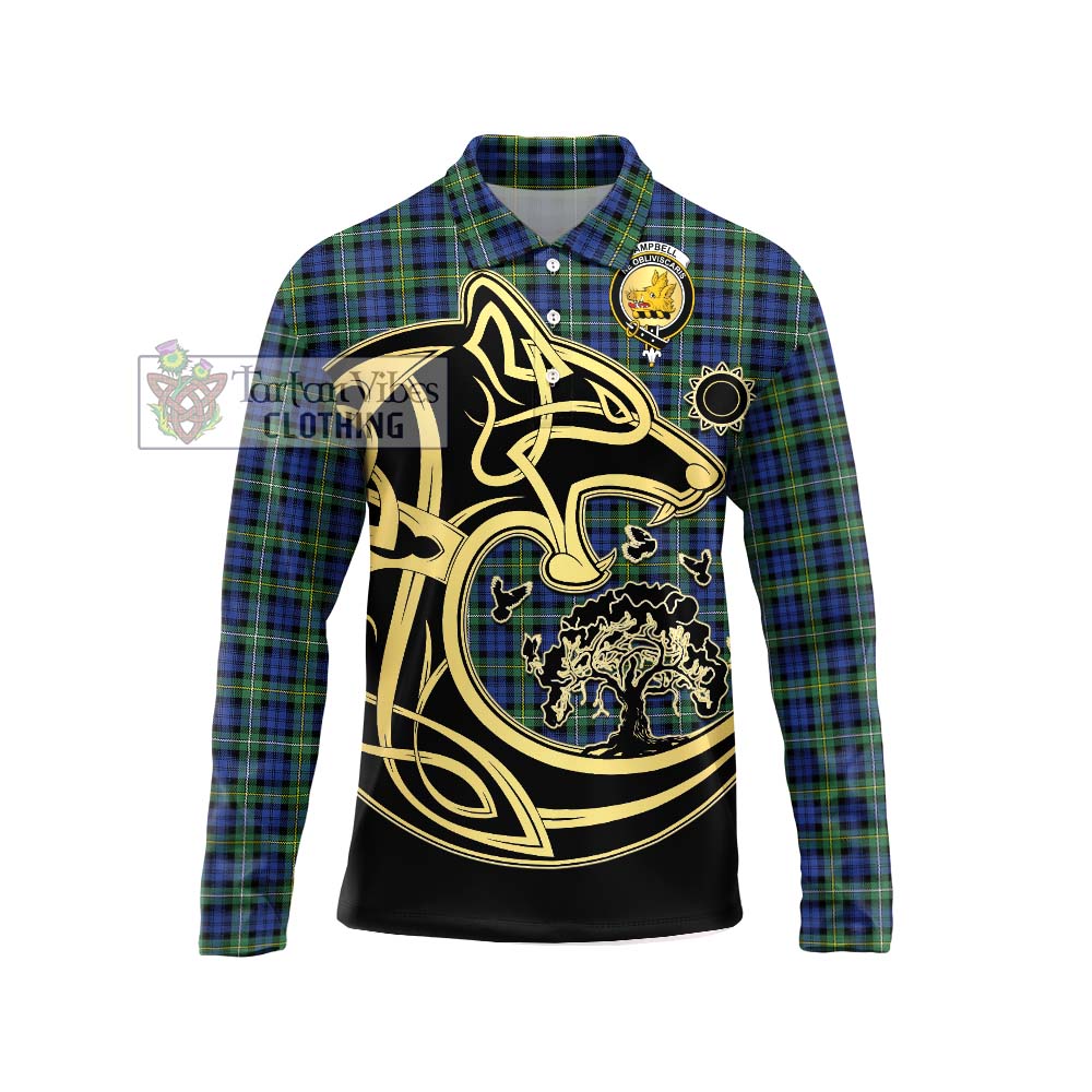 Tartan Vibes Clothing Campbell Argyll Ancient Tartan Long Sleeve Polo Shirt with Family Crest Celtic Wolf Style