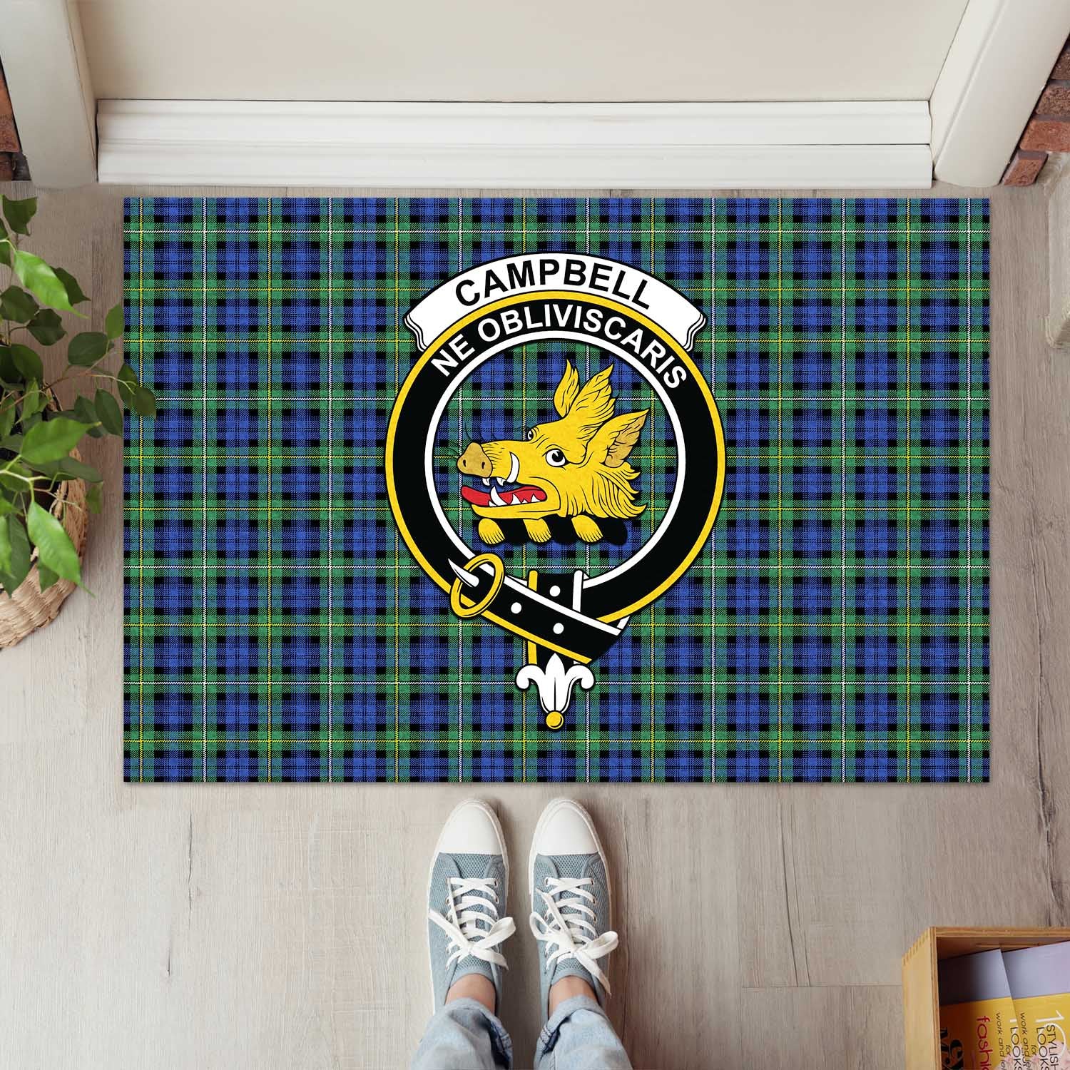 Campbell Argyll Ancient Tartan Door Mat with Family Crest - Tartanvibesclothing