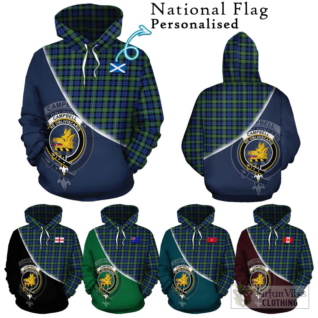 Campbell Argyll Ancient Tartan Hoodie with Personalised National Flag and Family Crest Half Style Zip Hoodie - Tartanvibesclothing Shop