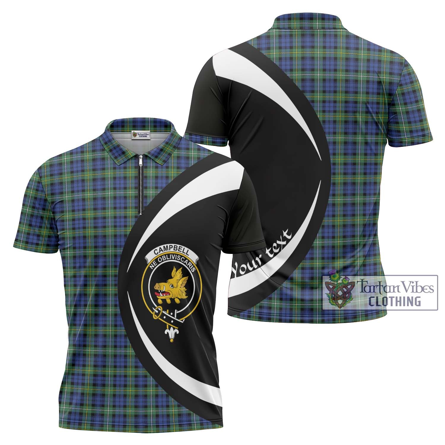 Tartan Vibes Clothing Campbell Argyll Ancient Tartan Zipper Polo Shirt with Family Crest Circle Style