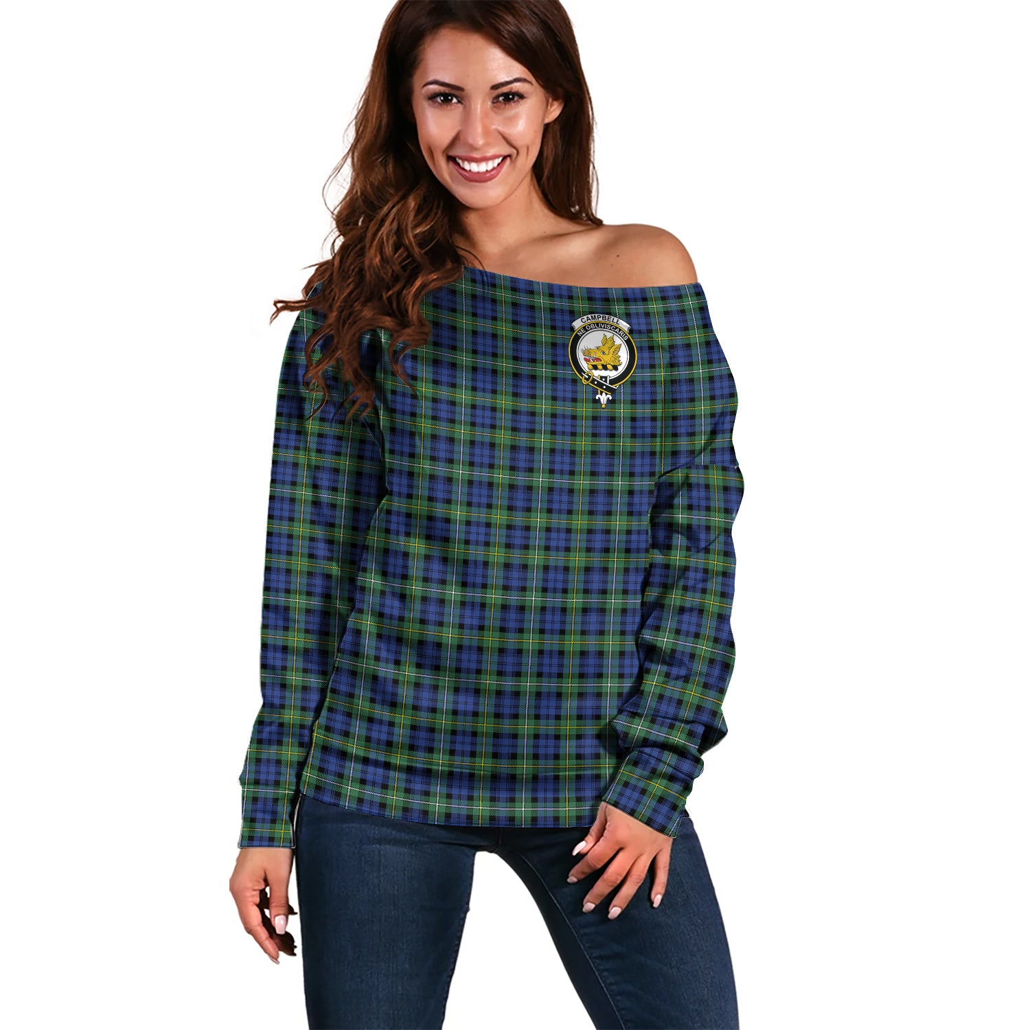 Campbell Argyll Ancient Tartan Off Shoulder Women Sweater with Family Crest Women - Tartanvibesclothing