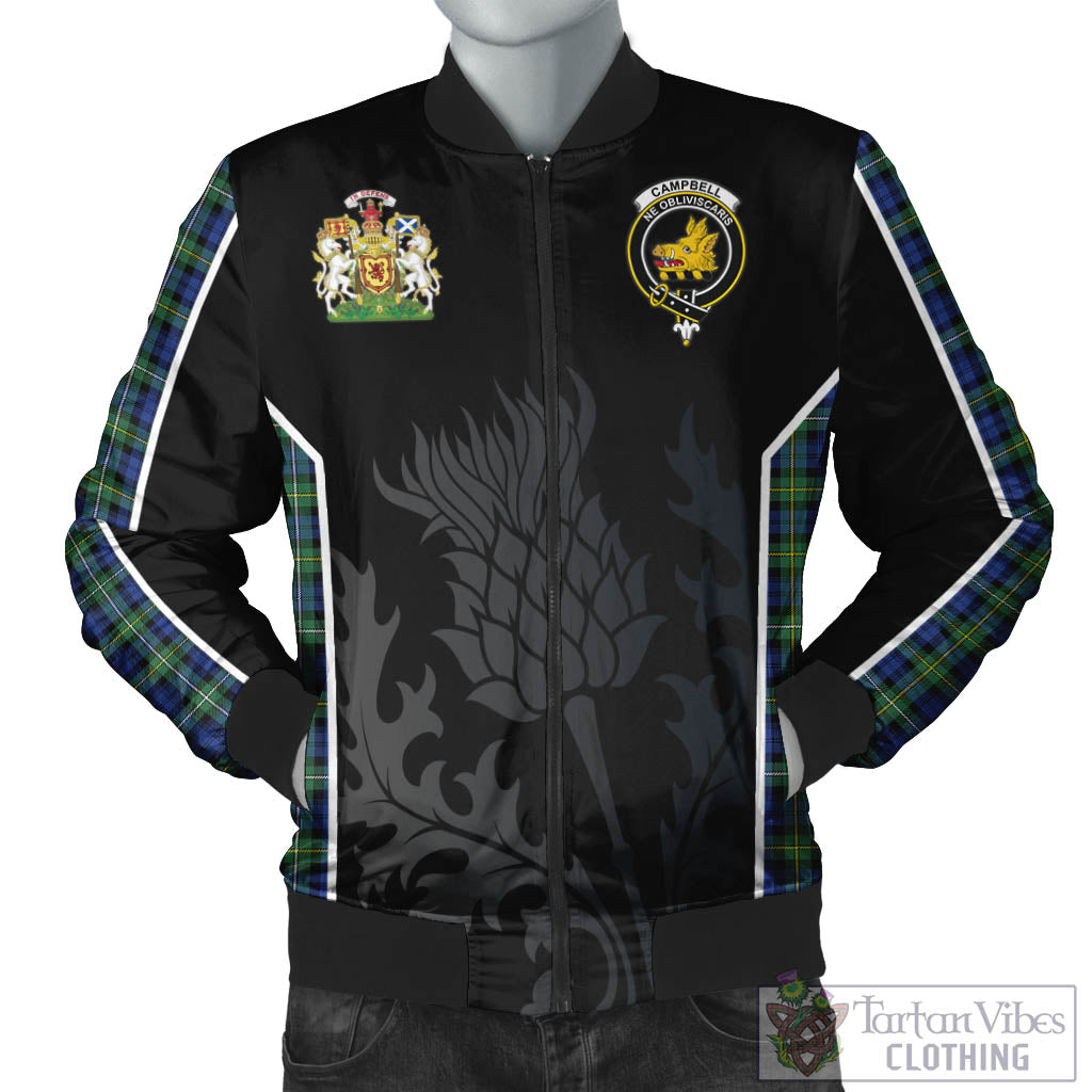 Tartan Vibes Clothing Campbell Argyll Ancient Tartan Bomber Jacket with Family Crest and Scottish Thistle Vibes Sport Style