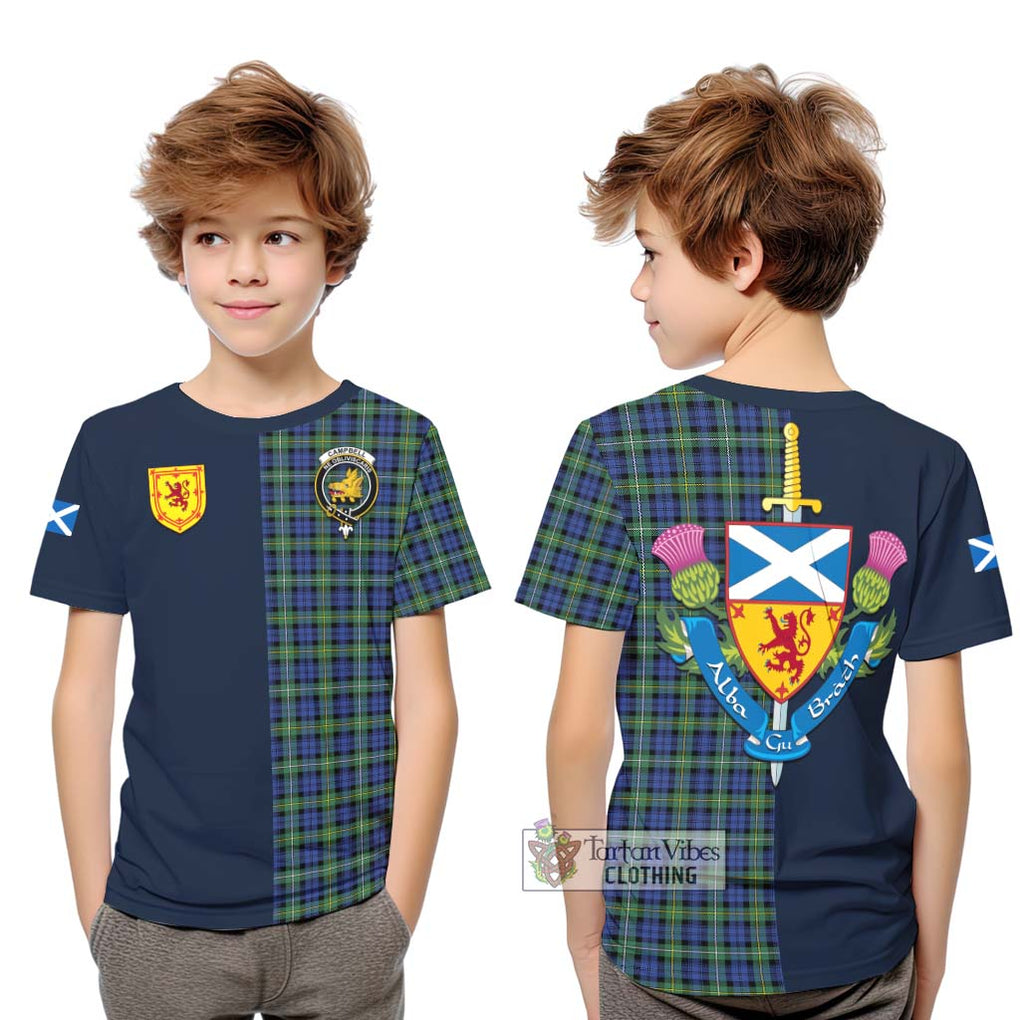 Tartan Vibes Clothing Campbell Argyll Ancient Tartan Kid T-Shirt with Scottish Lion Royal Arm Half Style