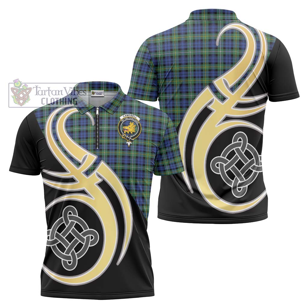 Tartan Vibes Clothing Campbell Argyll Ancient Tartan Zipper Polo Shirt with Family Crest and Celtic Symbol Style