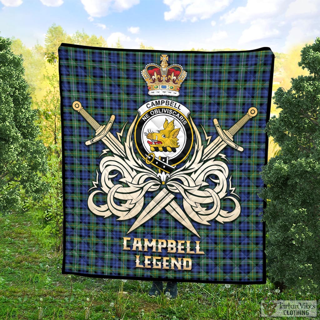 Tartan Vibes Clothing Campbell Argyll Ancient Tartan Quilt with Clan Crest and the Golden Sword of Courageous Legacy