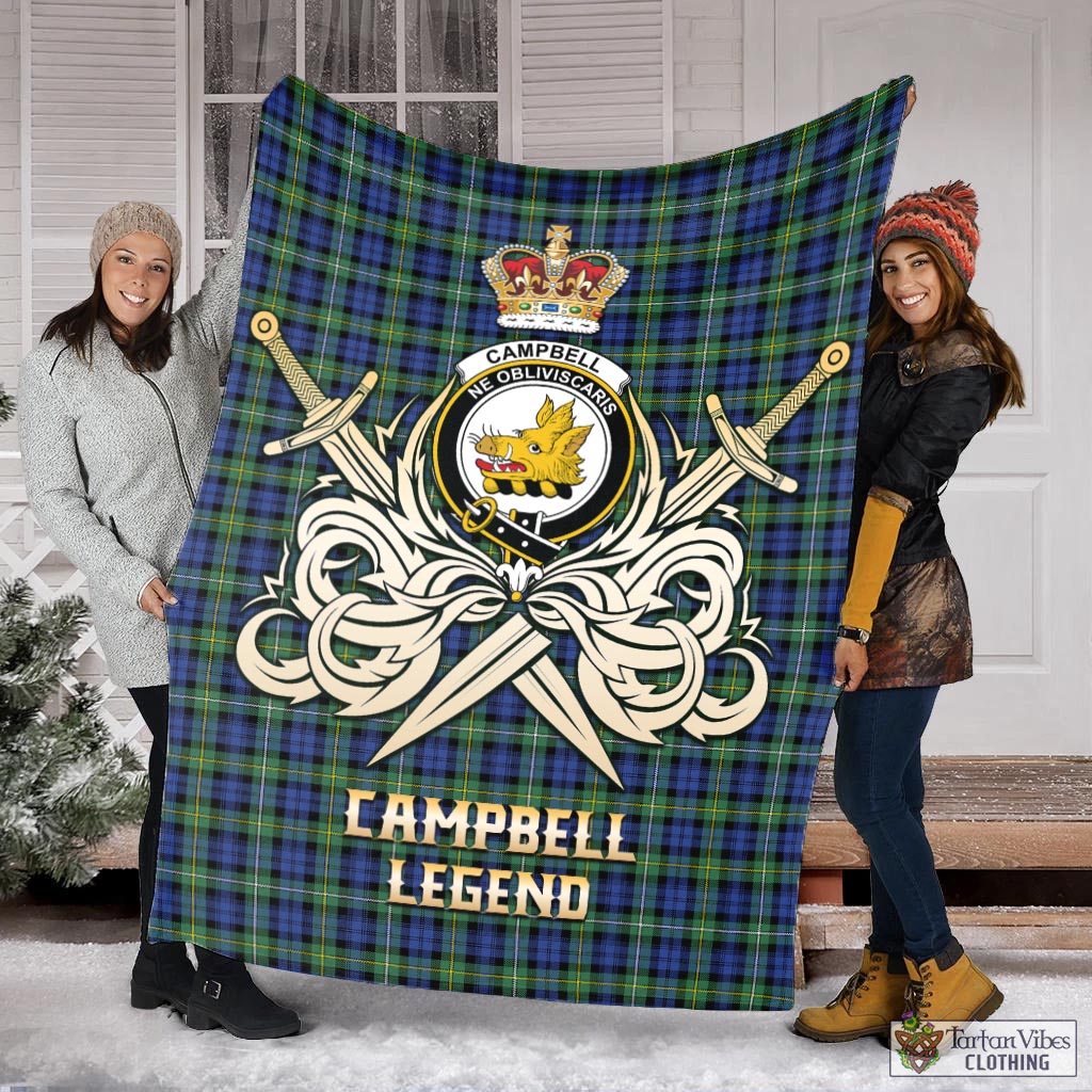 Tartan Vibes Clothing Campbell Argyll Ancient Tartan Blanket with Clan Crest and the Golden Sword of Courageous Legacy