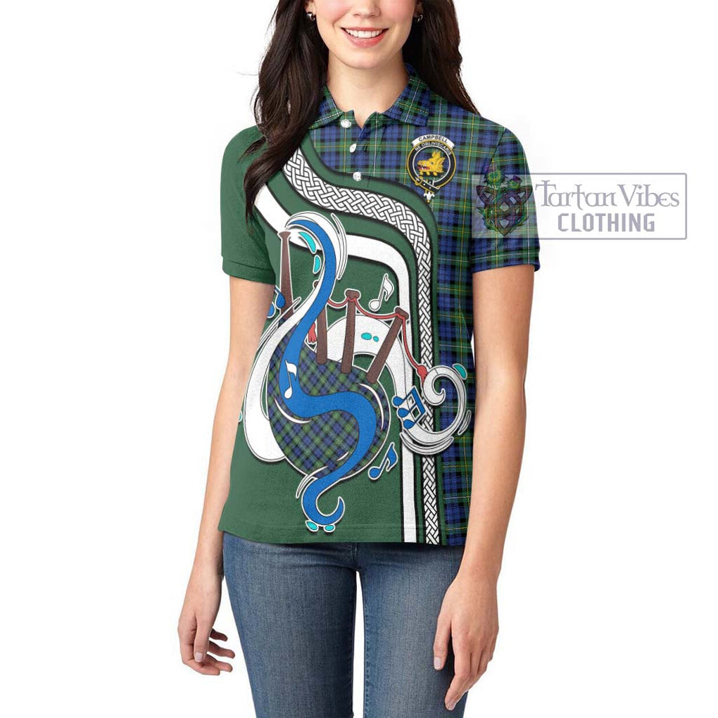 Campbell Argyll Ancient Tartan Women's Polo Shirt with Epic Bagpipe Style - Tartanvibesclothing Shop