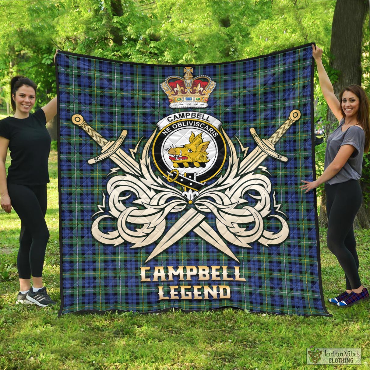 Tartan Vibes Clothing Campbell Argyll Ancient Tartan Quilt with Clan Crest and the Golden Sword of Courageous Legacy