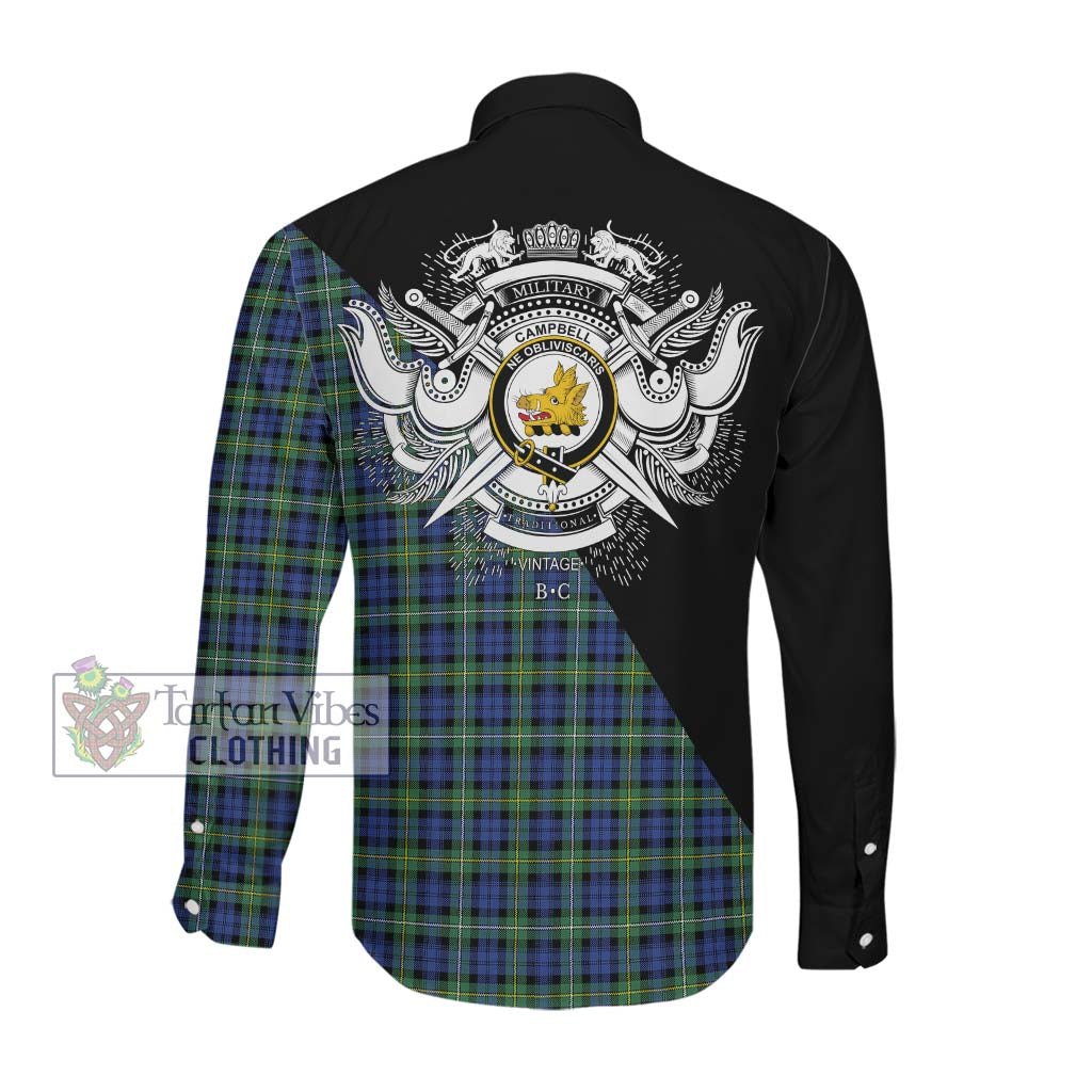 Tartan Vibes Clothing Campbell Argyll Ancient Tartan Long Sleeve Button Shirt with Family Crest and Military Logo Style