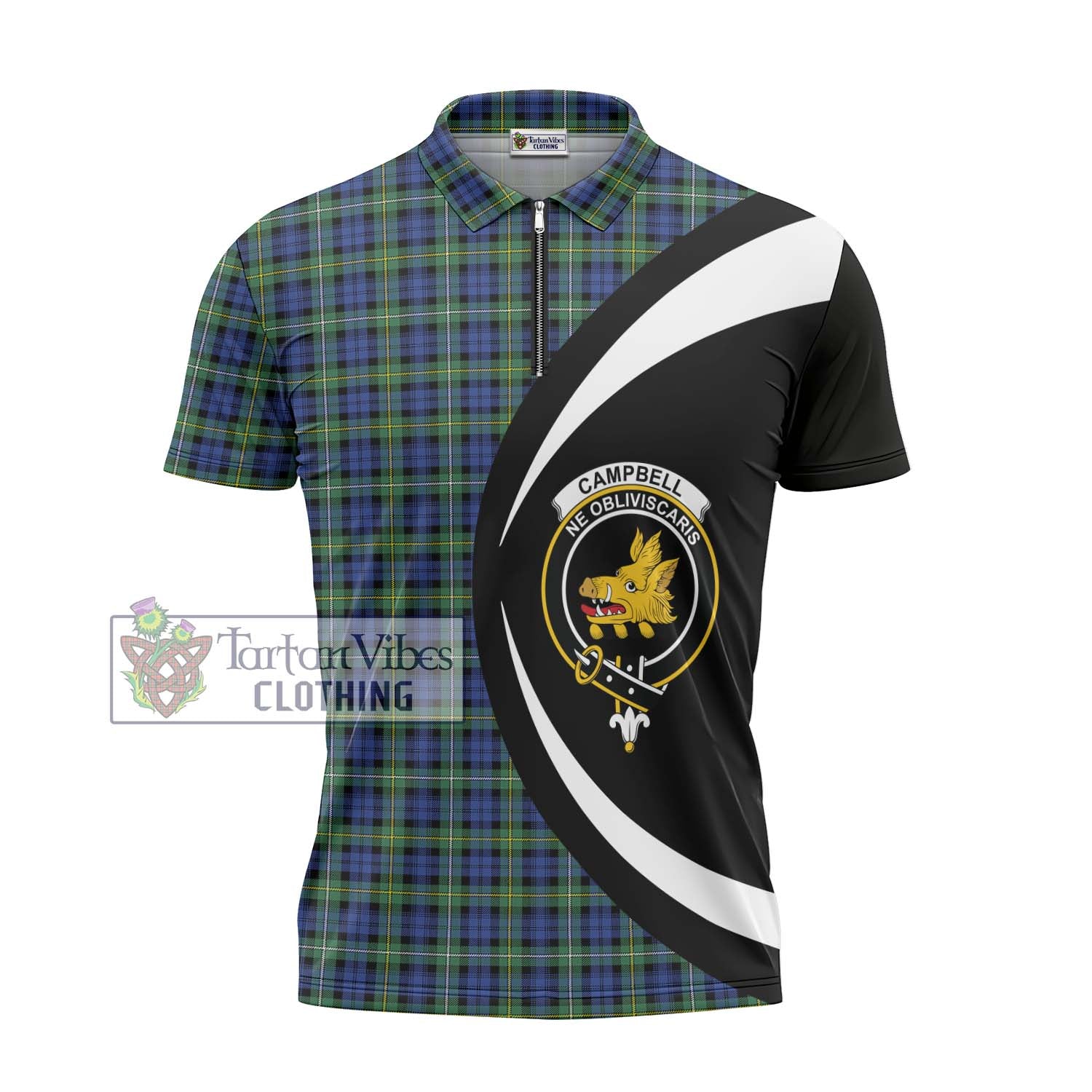 Tartan Vibes Clothing Campbell Argyll Ancient Tartan Zipper Polo Shirt with Family Crest Circle Style