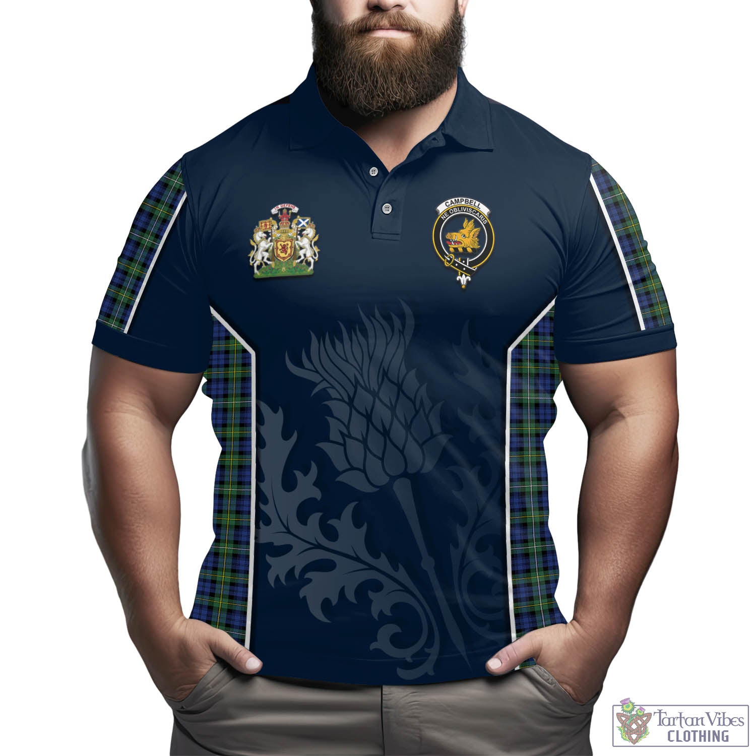Tartan Vibes Clothing Campbell Argyll Ancient Tartan Men's Polo Shirt with Family Crest and Scottish Thistle Vibes Sport Style