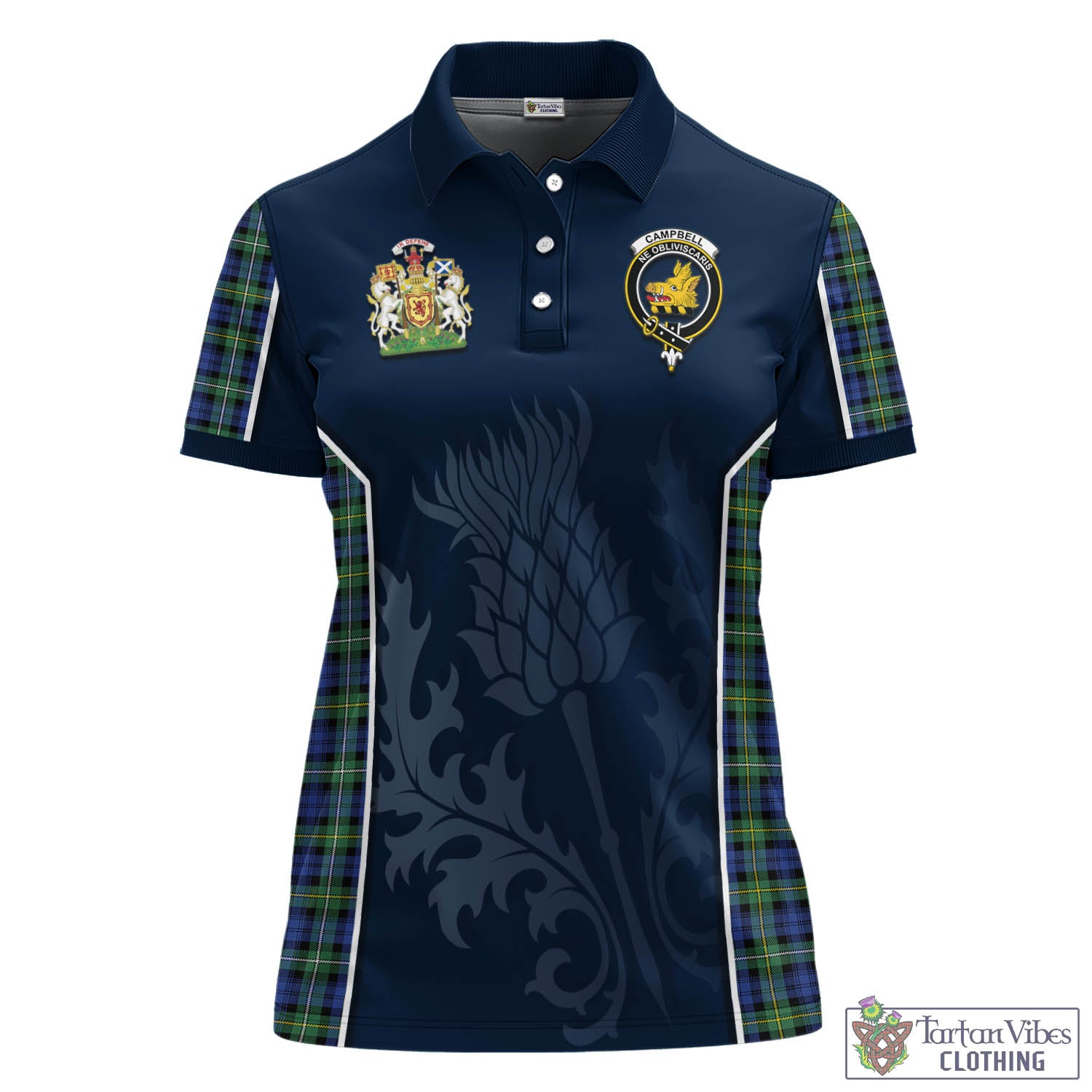 Tartan Vibes Clothing Campbell Argyll Ancient Tartan Women's Polo Shirt with Family Crest and Scottish Thistle Vibes Sport Style