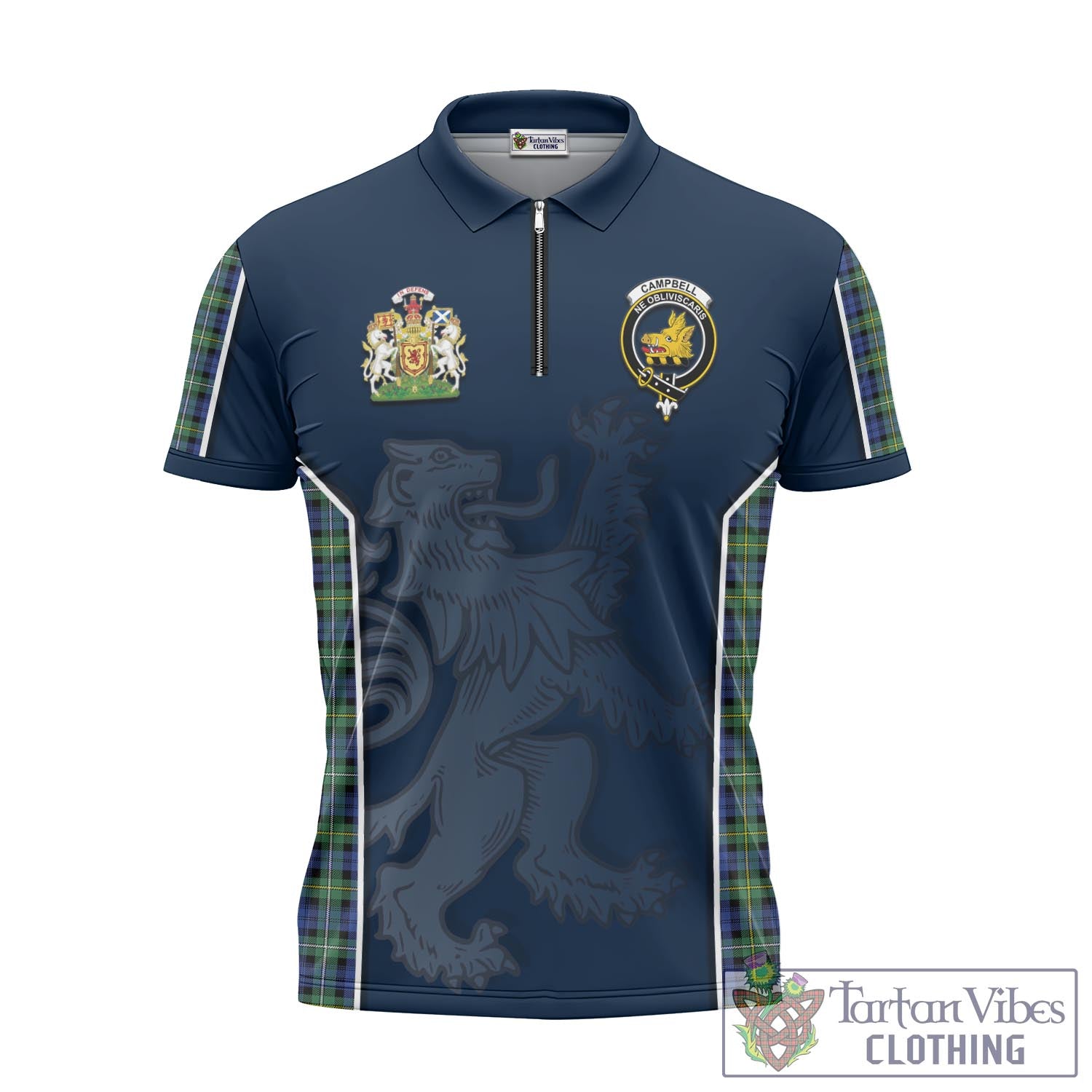 Tartan Vibes Clothing Campbell Argyll Ancient Tartan Zipper Polo Shirt with Family Crest and Lion Rampant Vibes Sport Style