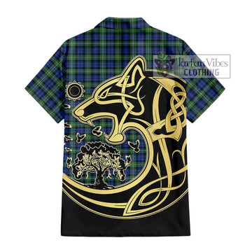 Campbell Argyll Ancient Tartan Short Sleeve Button Shirt with Family Crest Celtic Wolf Style