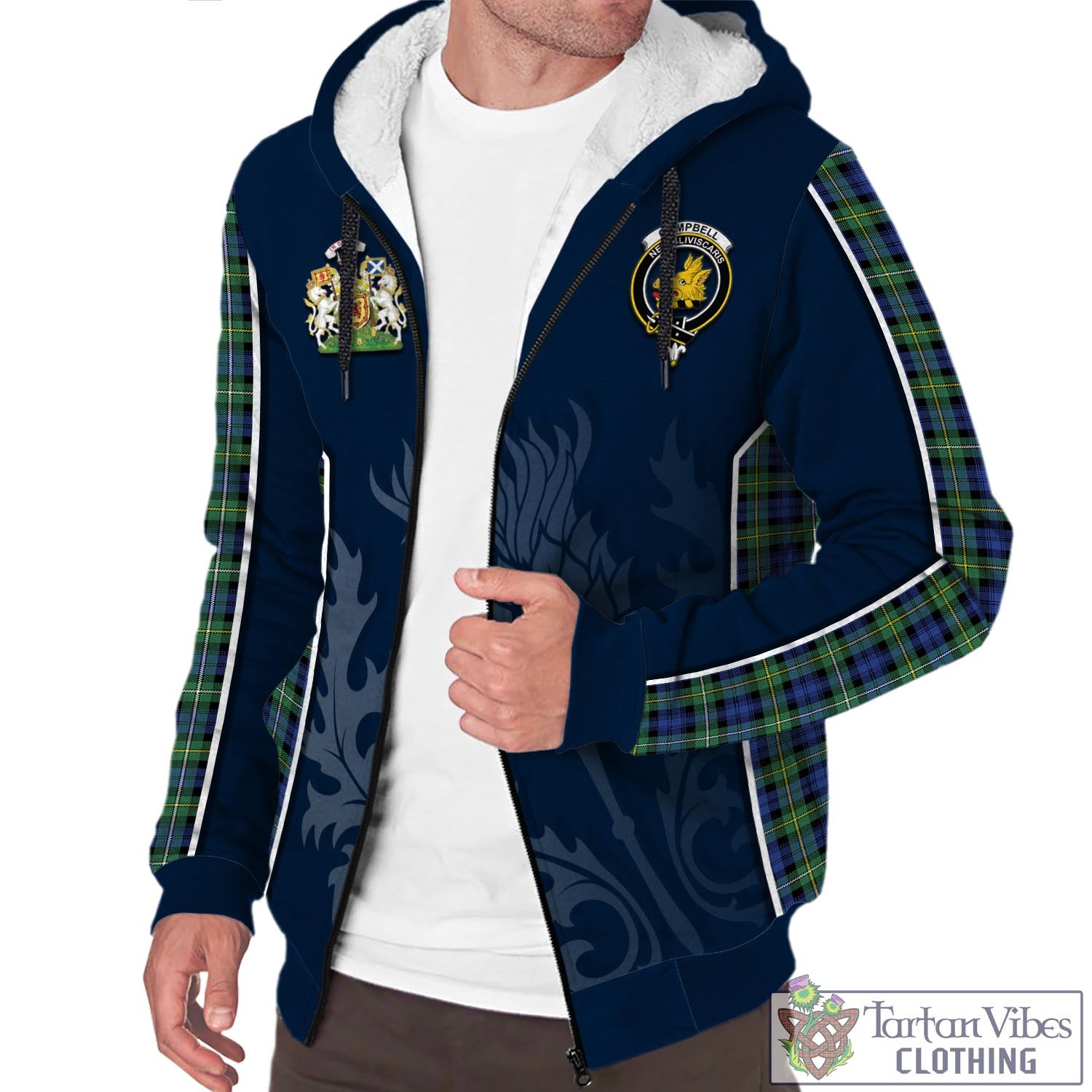 Tartan Vibes Clothing Campbell Argyll Ancient Tartan Sherpa Hoodie with Family Crest and Scottish Thistle Vibes Sport Style