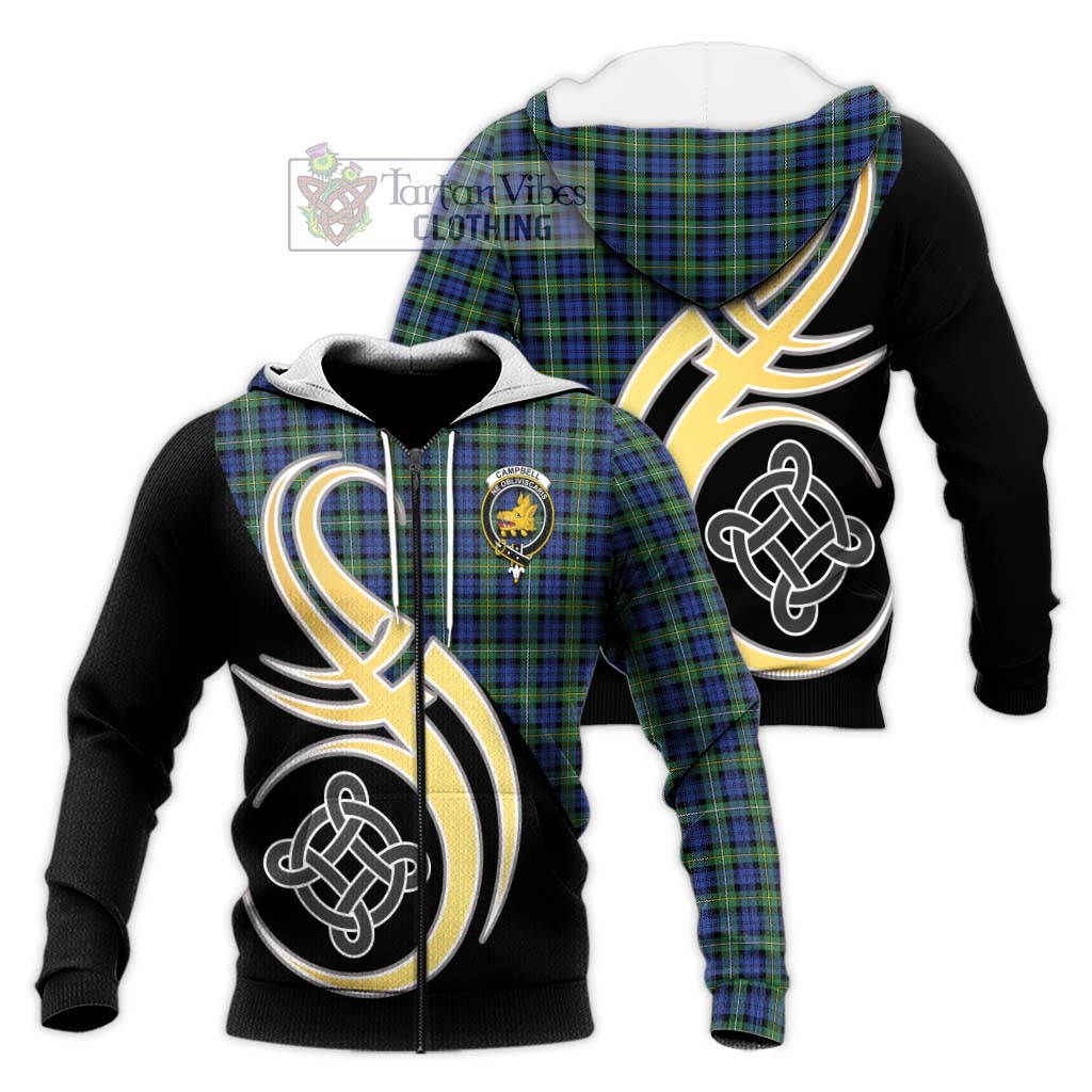 Tartan Vibes Clothing Campbell Argyll Ancient Tartan Knitted Hoodie with Family Crest and Celtic Symbol Style