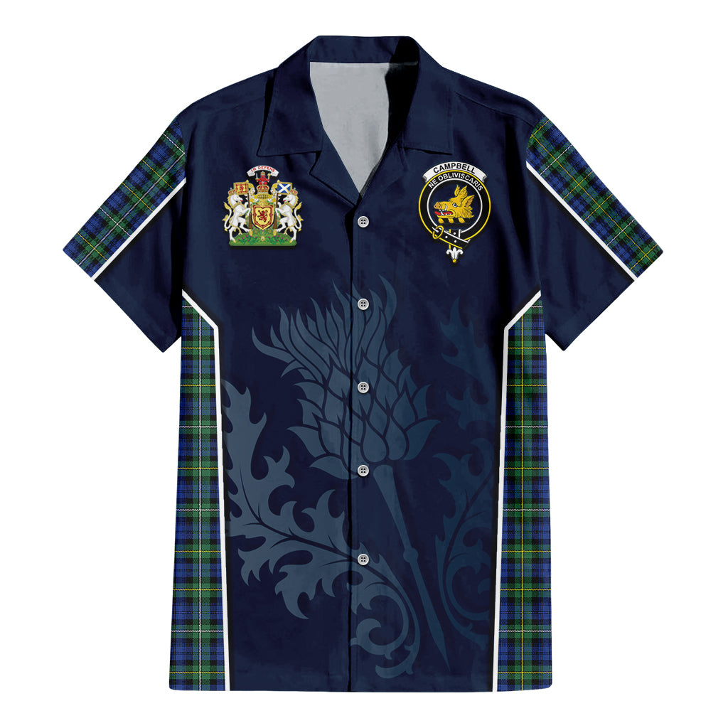 Tartan Vibes Clothing Campbell Argyll Ancient Tartan Short Sleeve Button Up Shirt with Family Crest and Scottish Thistle Vibes Sport Style