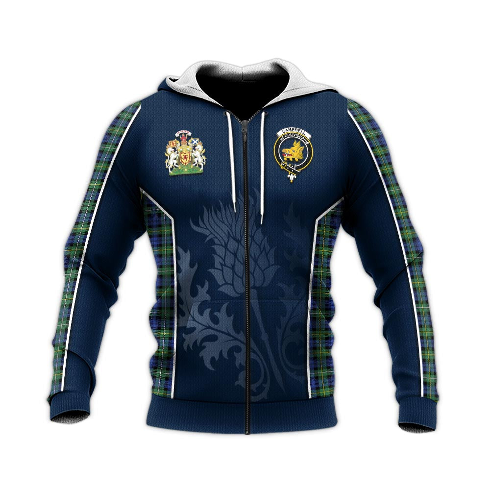 Tartan Vibes Clothing Campbell Argyll Ancient Tartan Knitted Hoodie with Family Crest and Scottish Thistle Vibes Sport Style