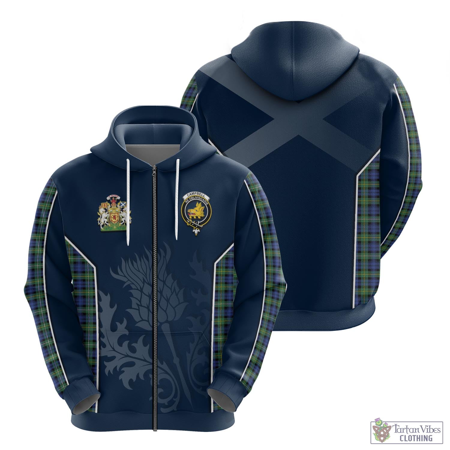 Tartan Vibes Clothing Campbell Argyll Ancient Tartan Hoodie with Family Crest and Scottish Thistle Vibes Sport Style