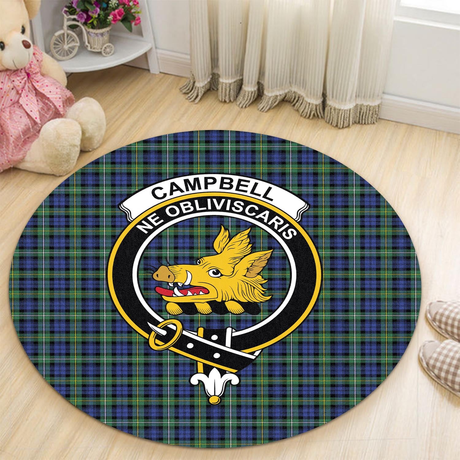 Campbell Argyll Ancient Tartan Round Rug with Family Crest - Tartanvibesclothing