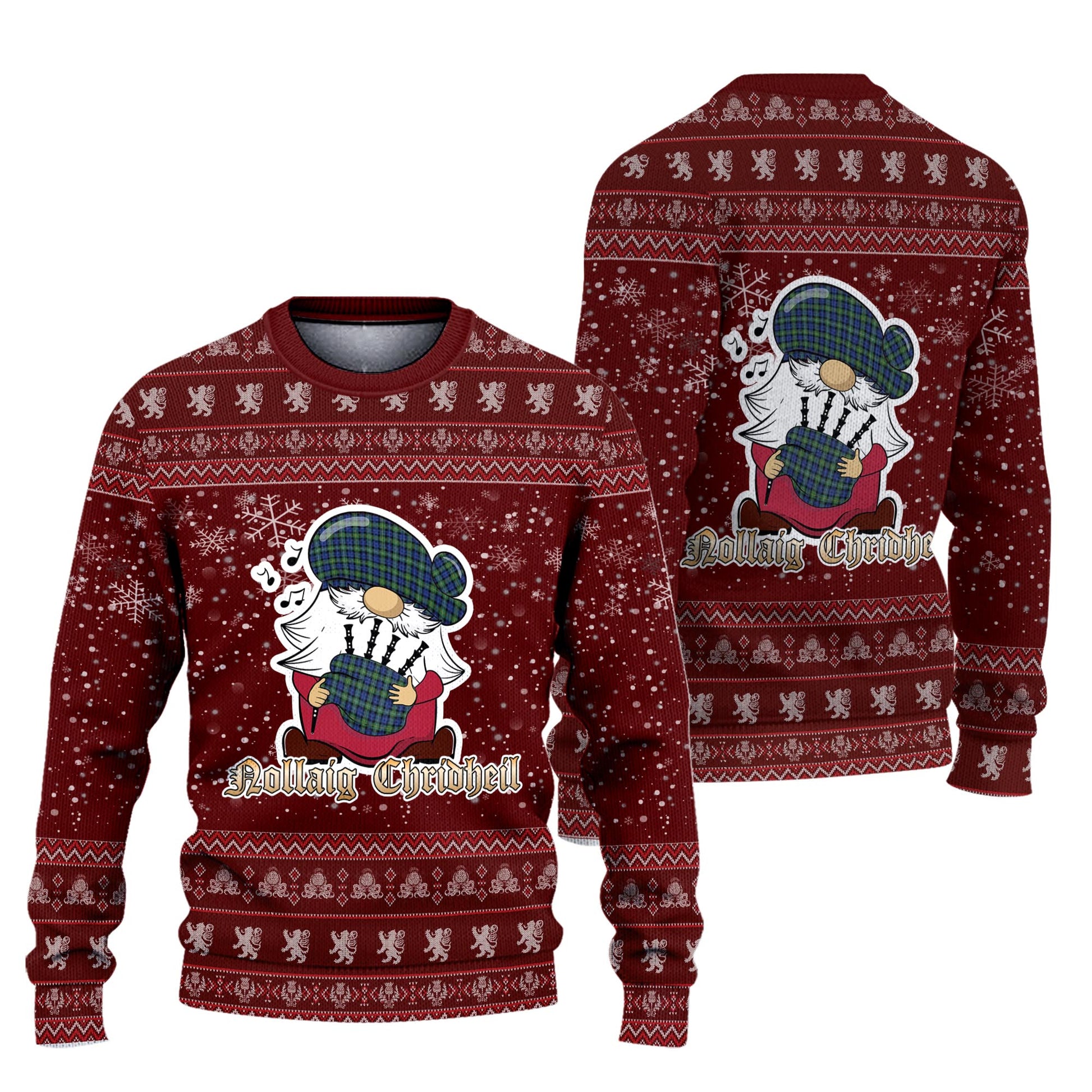 Campbell Argyll Ancient Clan Christmas Family Knitted Sweater with Funny Gnome Playing Bagpipes Unisex Red - Tartanvibesclothing