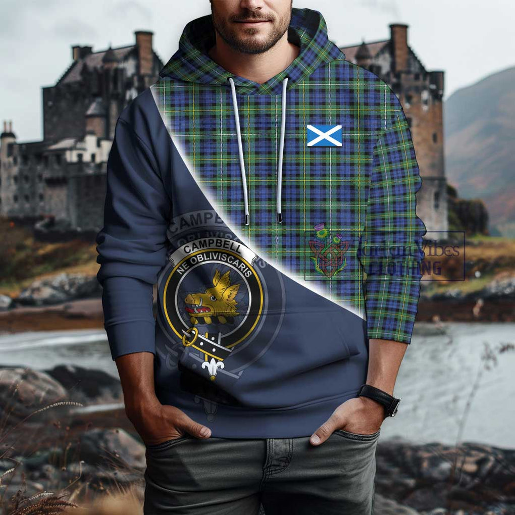 Campbell Argyll Ancient Tartan Hoodie with Personalised National Flag and Family Crest Half Style - Tartanvibesclothing Shop