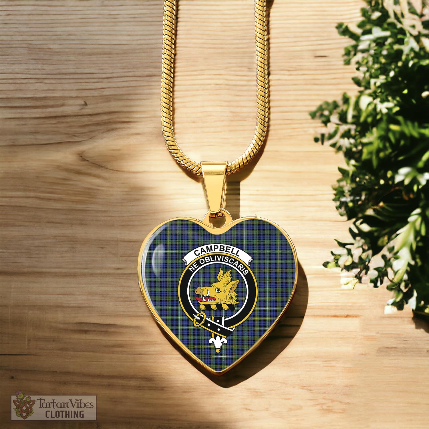 Tartan Vibes Clothing Campbell Argyll Ancient Tartan Heart Necklace with Family Crest