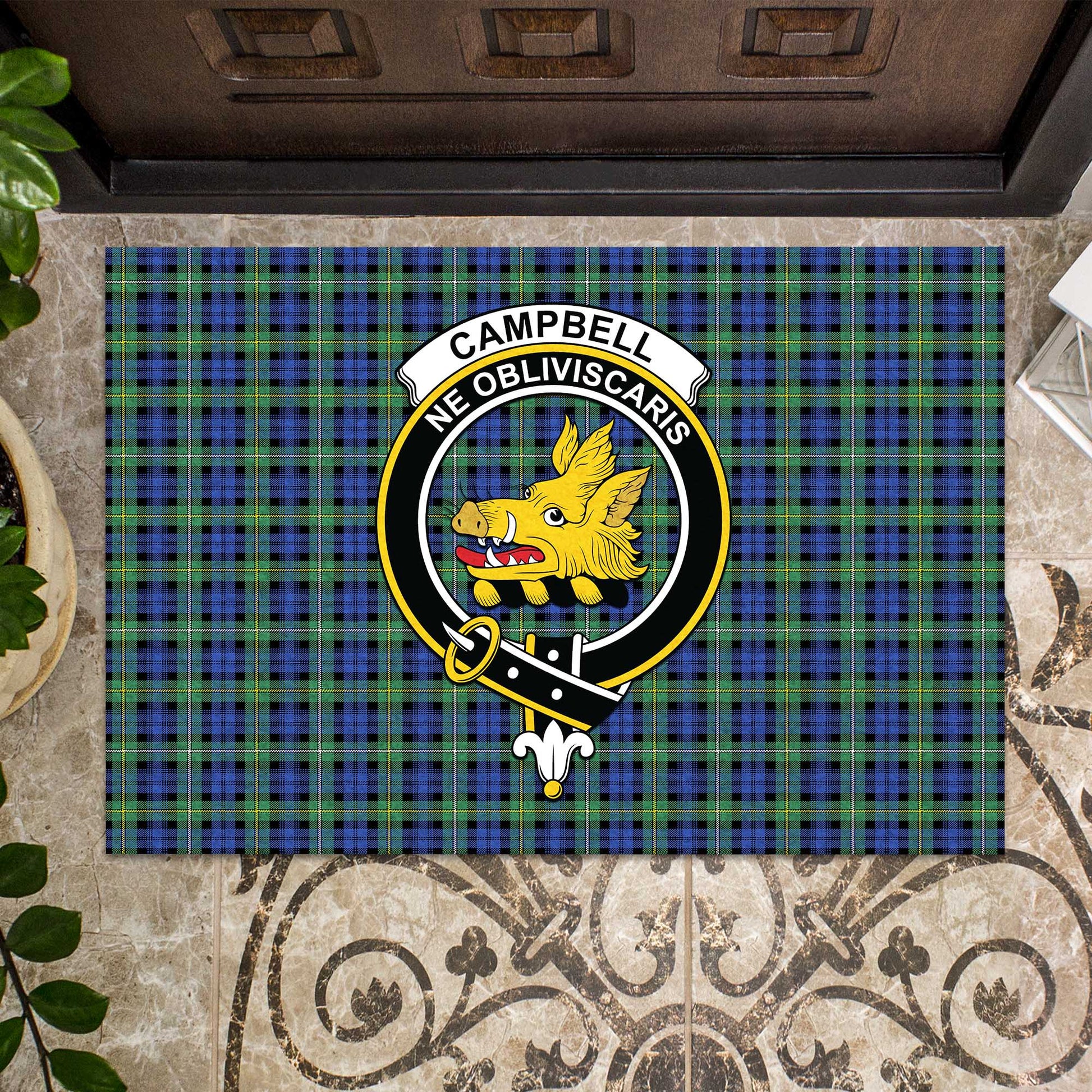 Campbell Argyll Ancient Tartan Door Mat with Family Crest - Tartanvibesclothing