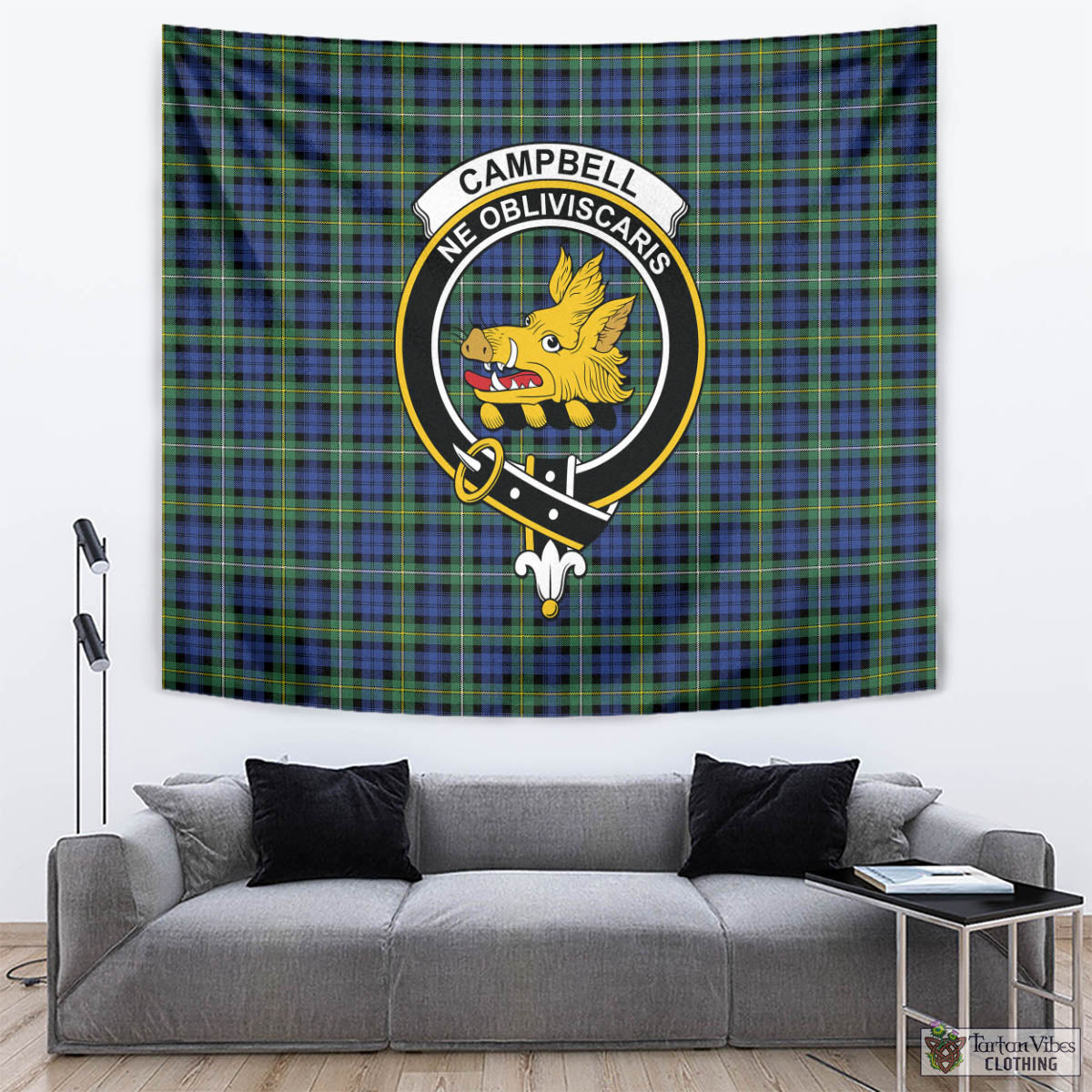 Tartan Vibes Clothing Campbell Argyll Ancient Tartan Tapestry Wall Hanging and Home Decor for Room with Family Crest