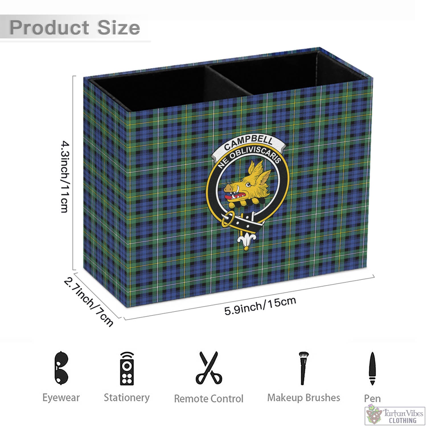 Tartan Vibes Clothing Campbell Argyll Ancient Tartan Pen Holder with Family Crest