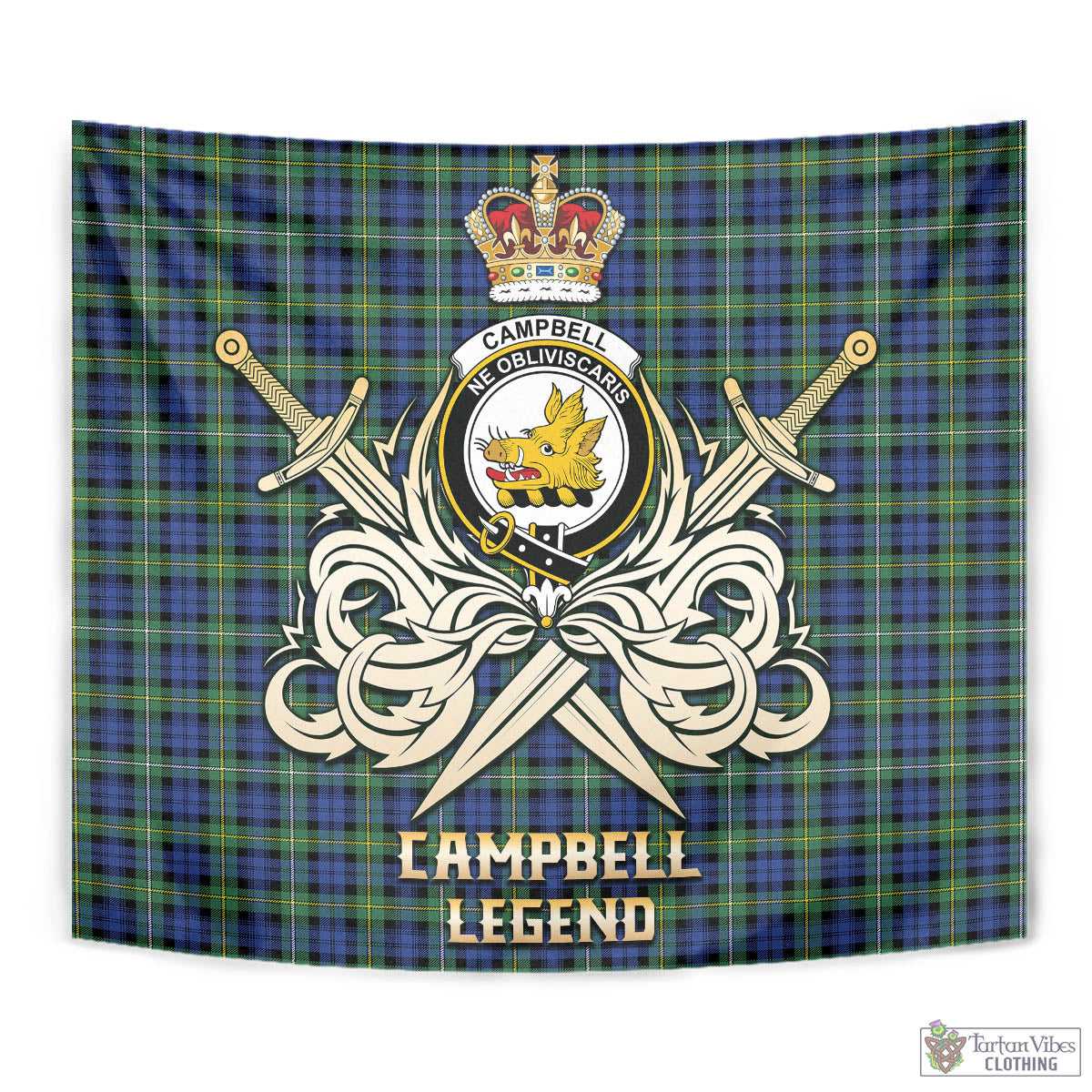 Tartan Vibes Clothing Campbell Argyll Ancient Tartan Tapestry with Clan Crest and the Golden Sword of Courageous Legacy