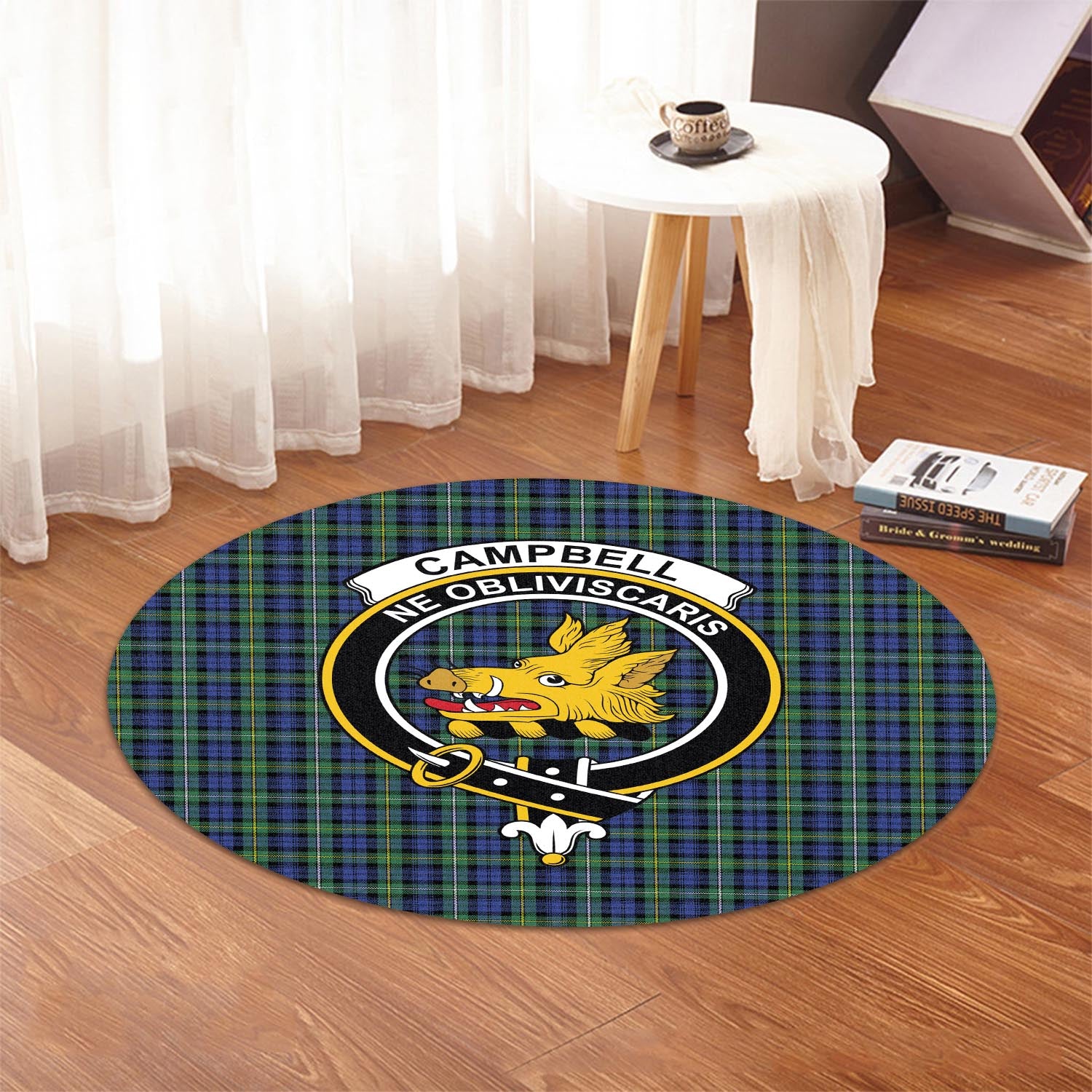 Campbell Argyll Ancient Tartan Round Rug with Family Crest - Tartanvibesclothing