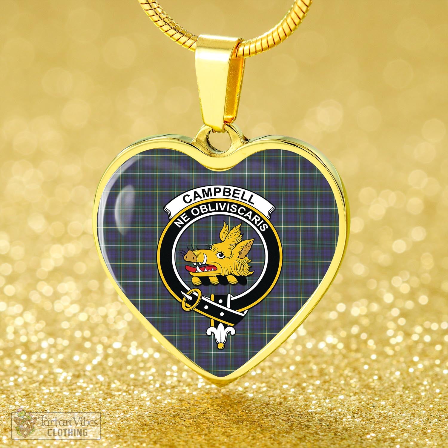 Tartan Vibes Clothing Campbell Argyll Modern Tartan Heart Necklace with Family Crest