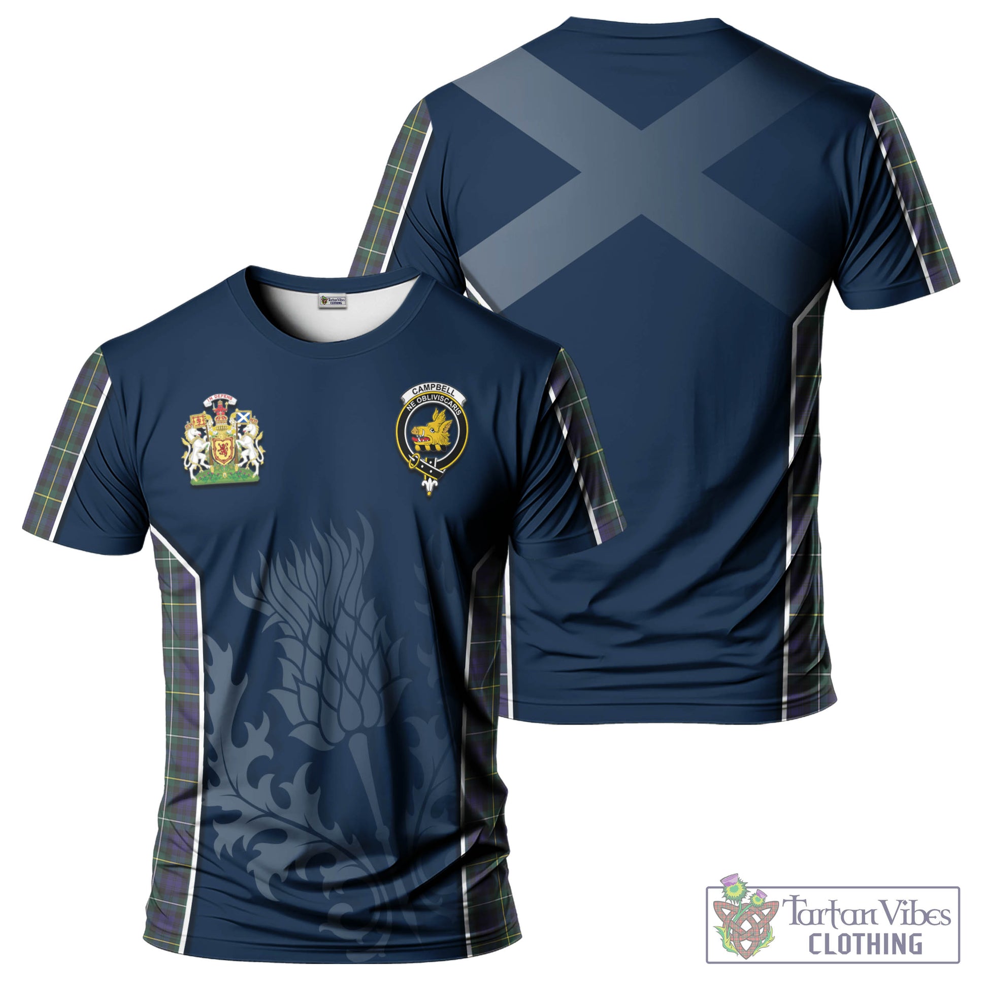 Tartan Vibes Clothing Campbell Argyll Modern Tartan T-Shirt with Family Crest and Scottish Thistle Vibes Sport Style