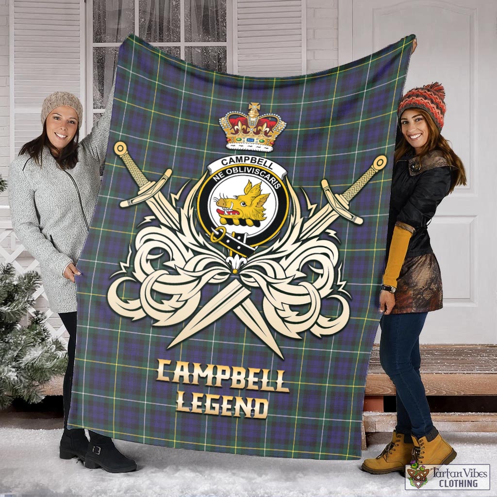 Tartan Vibes Clothing Campbell Argyll Modern Tartan Blanket with Clan Crest and the Golden Sword of Courageous Legacy