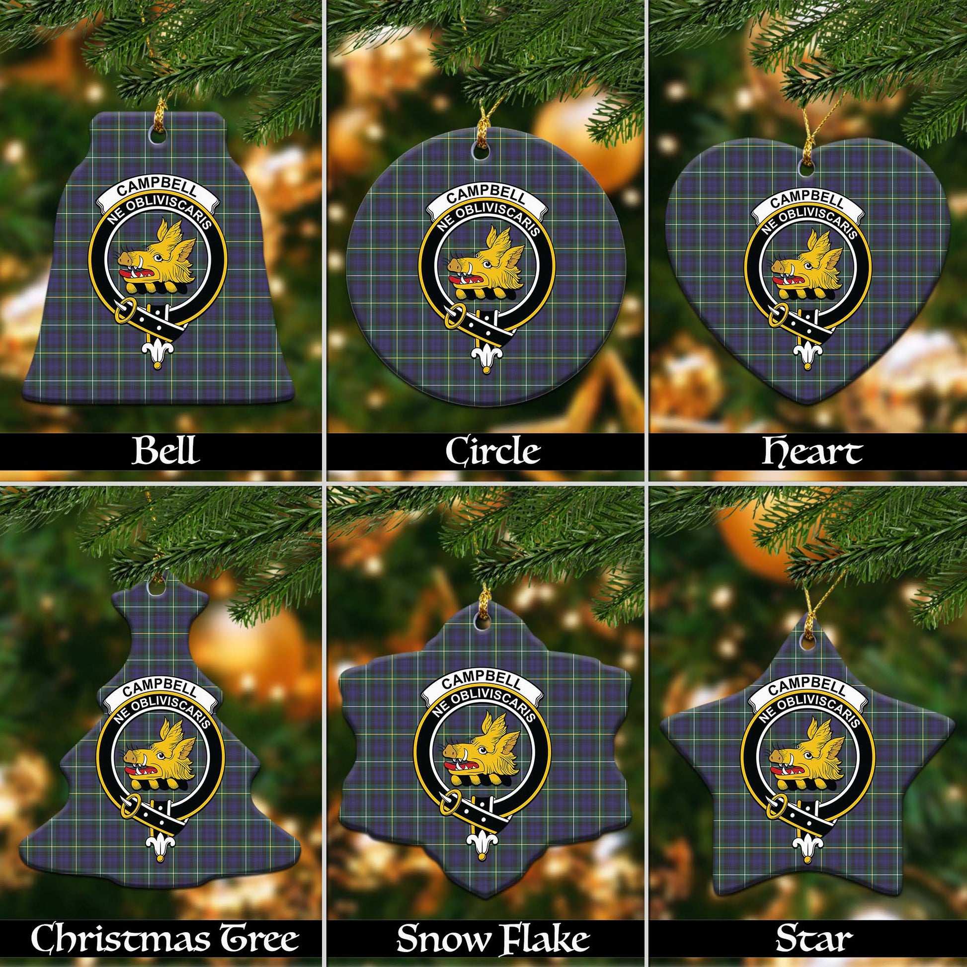 Campbell Argyll Modern Tartan Christmas Ornaments with Family Crest Ceramic Bell Pack 1: ornament * 1 piece - Tartanvibesclothing