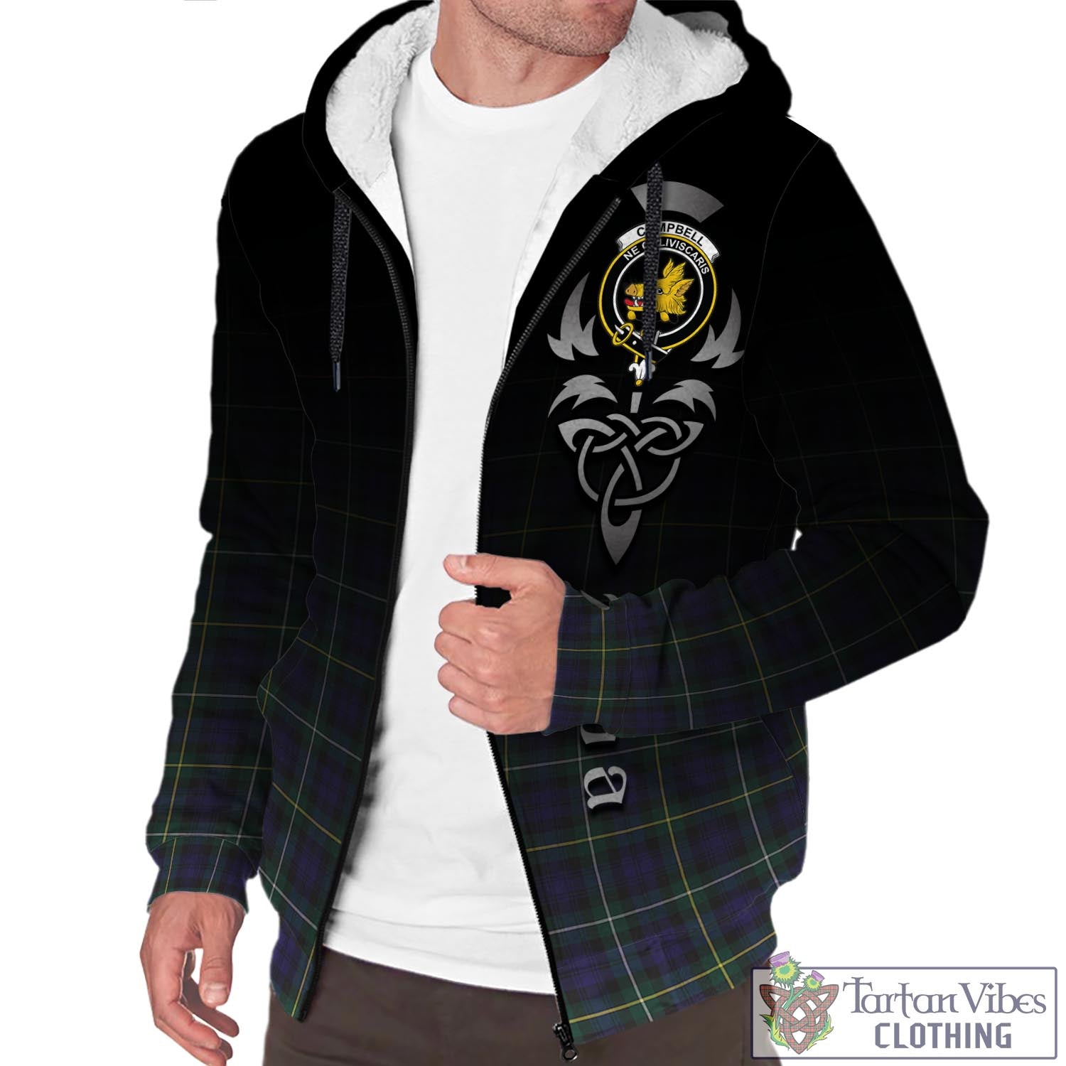 Tartan Vibes Clothing Campbell Argyll Modern Tartan Sherpa Hoodie Featuring Alba Gu Brath Family Crest Celtic Inspired