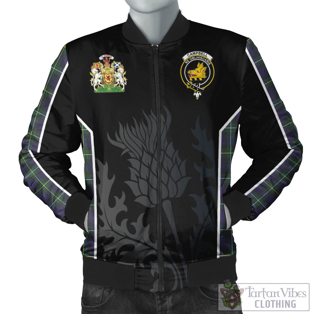 Tartan Vibes Clothing Campbell Argyll Modern Tartan Bomber Jacket with Family Crest and Scottish Thistle Vibes Sport Style