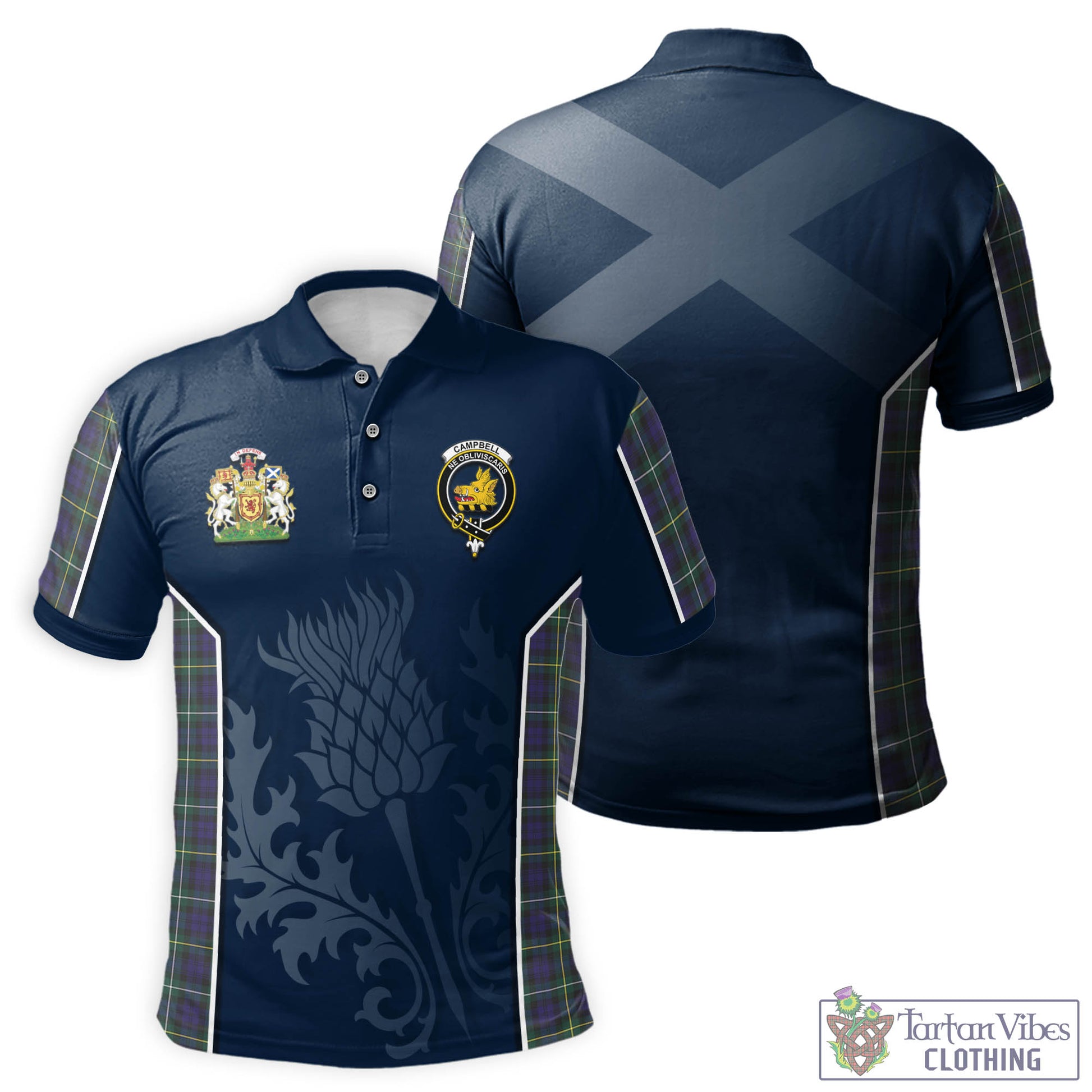 Tartan Vibes Clothing Campbell Argyll Modern Tartan Men's Polo Shirt with Family Crest and Scottish Thistle Vibes Sport Style