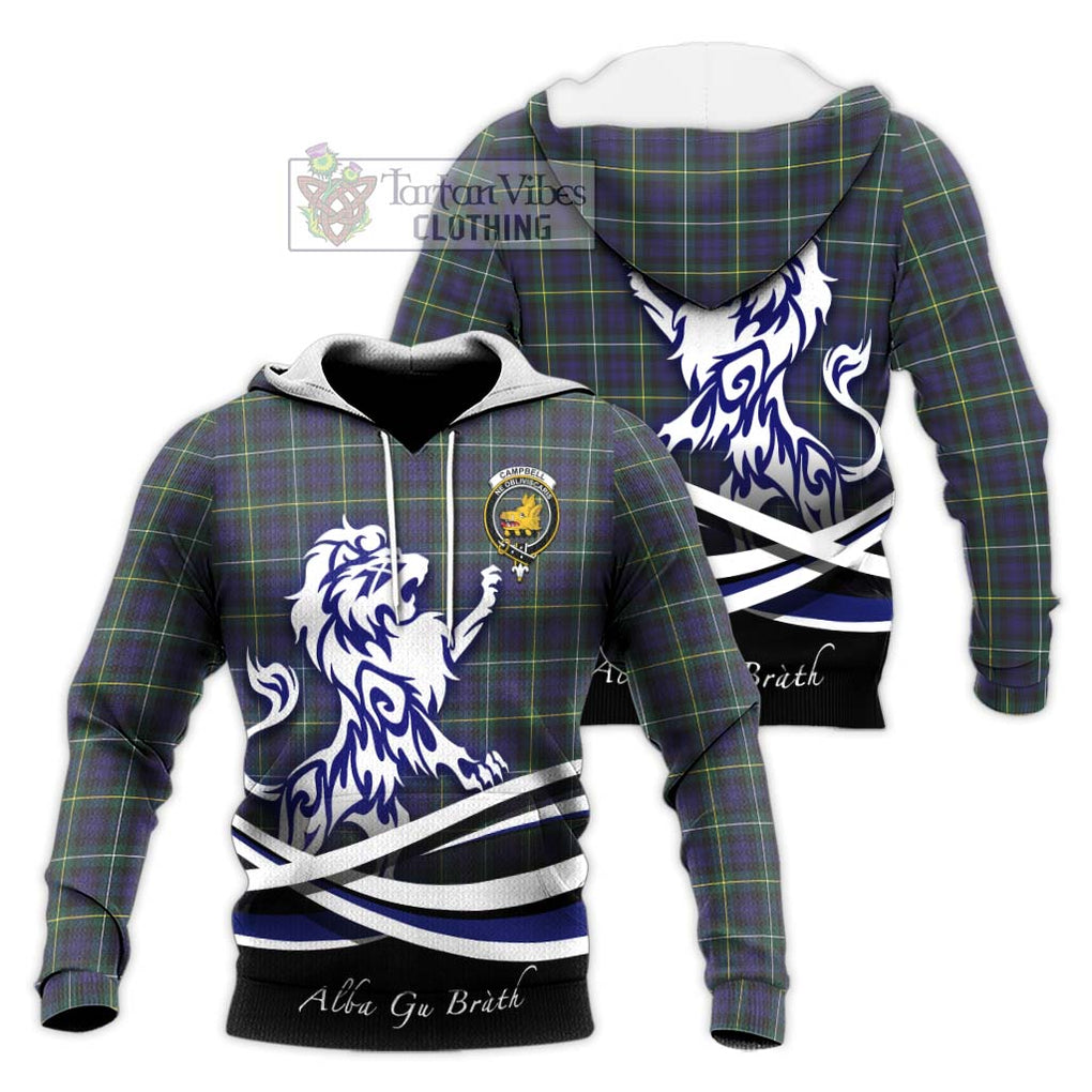 Campbell Argyll Modern Tartan Knitted Hoodie with Alba Gu Brath Regal Lion Emblem Unisex Knitted Pullover Hoodie - Tartanvibesclothing Shop