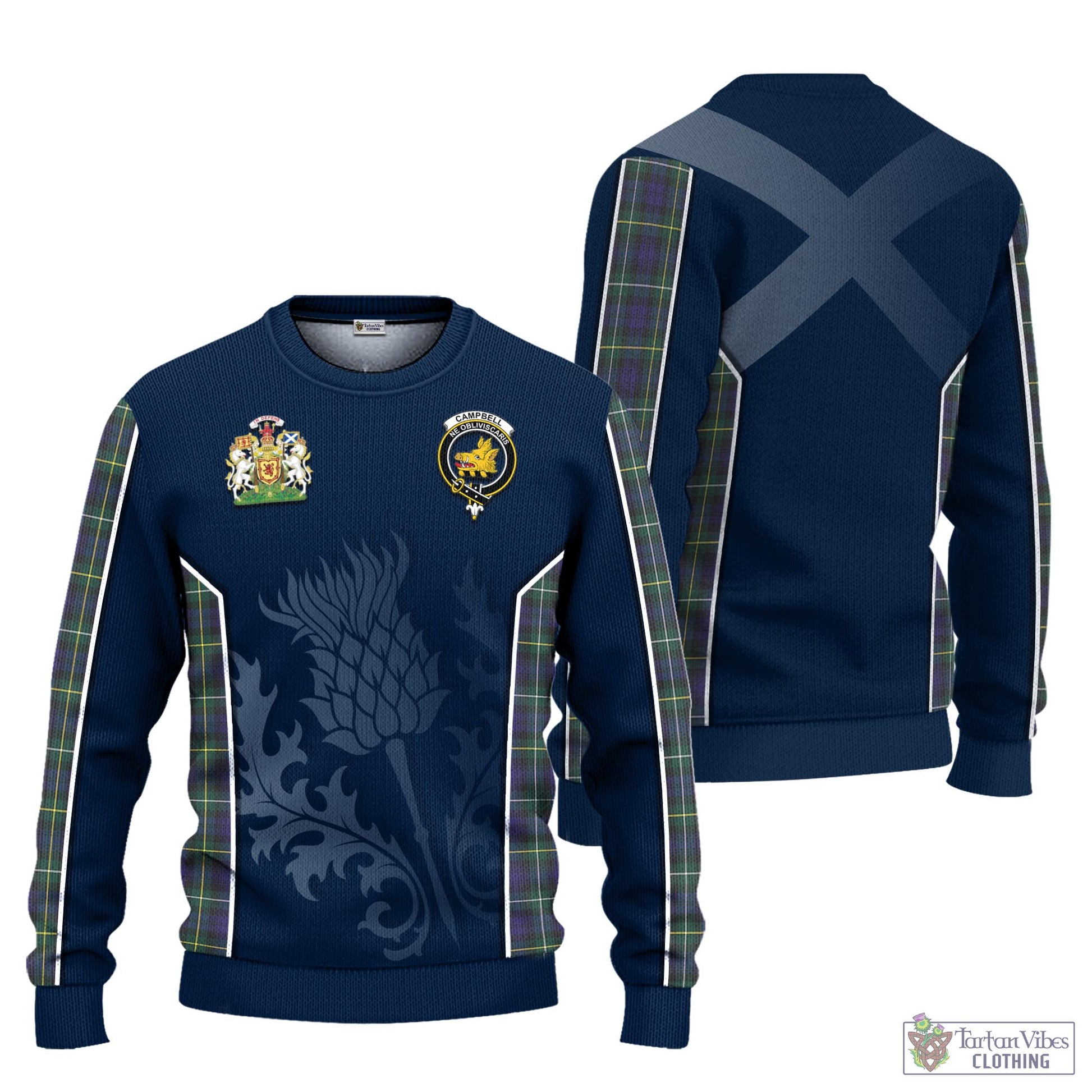 Tartan Vibes Clothing Campbell Argyll Modern Tartan Knitted Sweatshirt with Family Crest and Scottish Thistle Vibes Sport Style