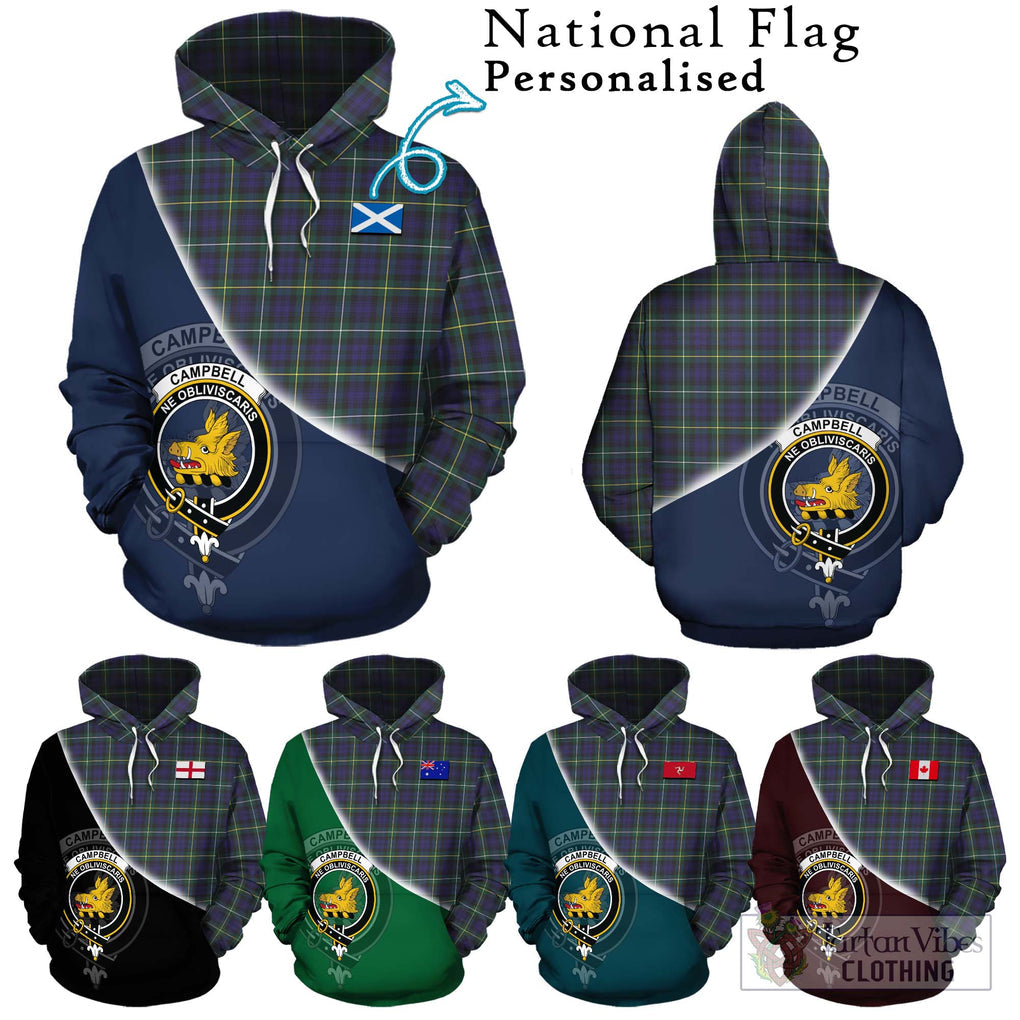 Campbell Argyll Modern Tartan Hoodie with Personalised National Flag and Family Crest Half Style Zip Hoodie - Tartanvibesclothing Shop